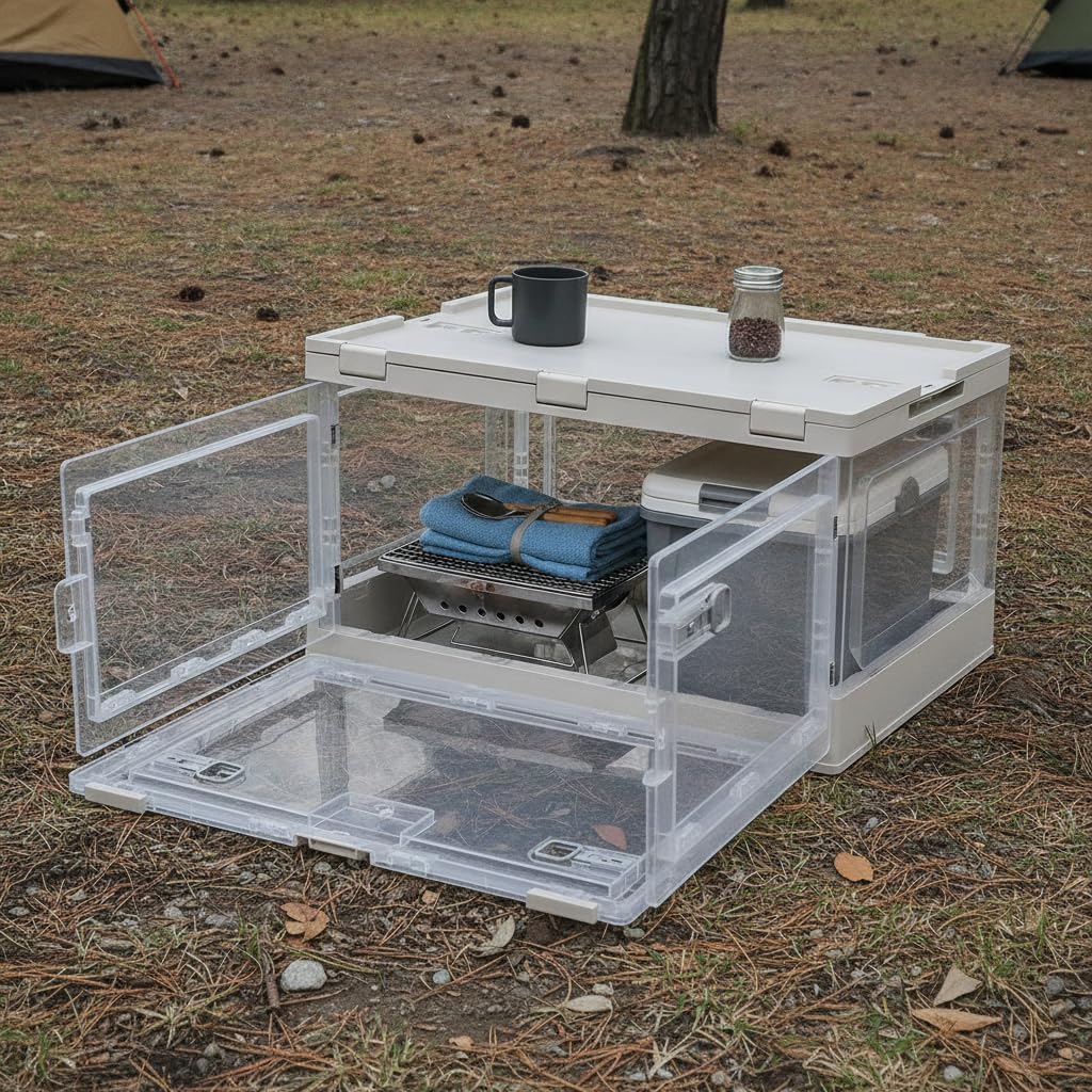 Faltbare Aufbewahrungsbox 50 l Camping, Holzdeckel, Milchkaffee