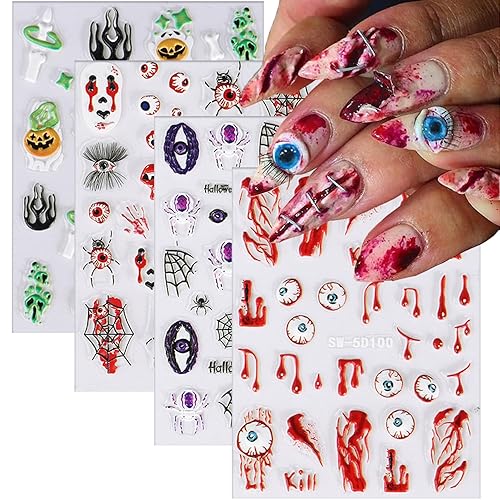 Calcomanías de arte de uñas de Halloween 5D, exquisitas calcomanías autoadhesivas en relieve, 4 hojas de ojos sangrientos de terror, telaraña,