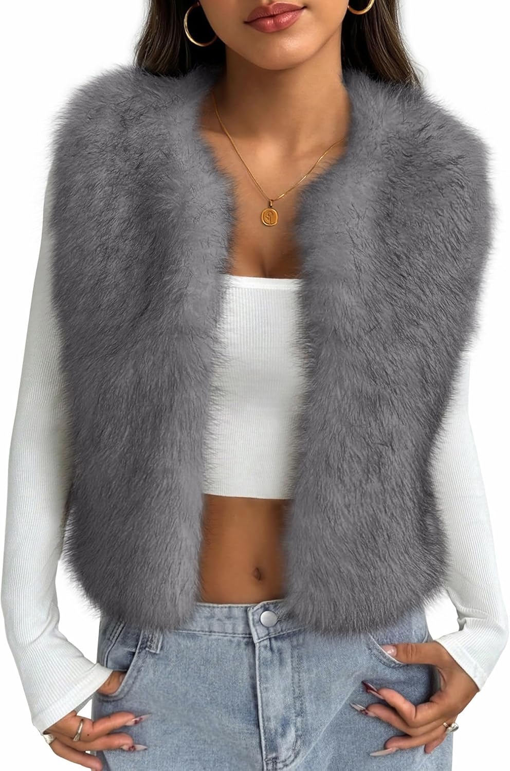 BTFBM Faux Fur Vest For Women 2025 Trendy Fall Sleeveless Cropped Fuzzy Jacket Fluffy Winter Coats Furry Vests Outerwear