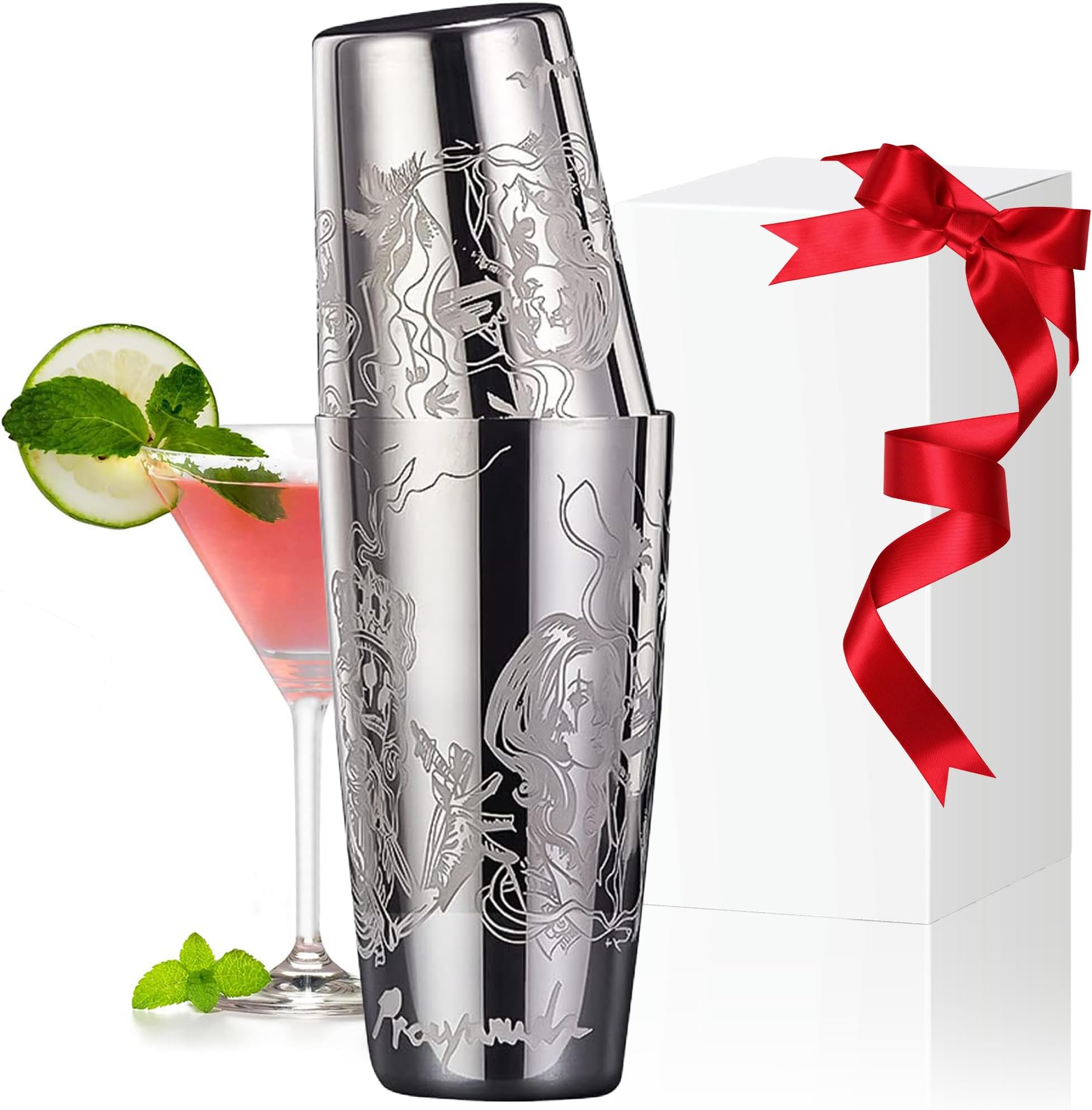 Boston Cocktail Shaker Set - 18oz & 28oz Stainless Steel Professional Two-Piece Bartender Kit, Martini Shaker for Home Bar with Etched Pattern(Pirate & Queen)