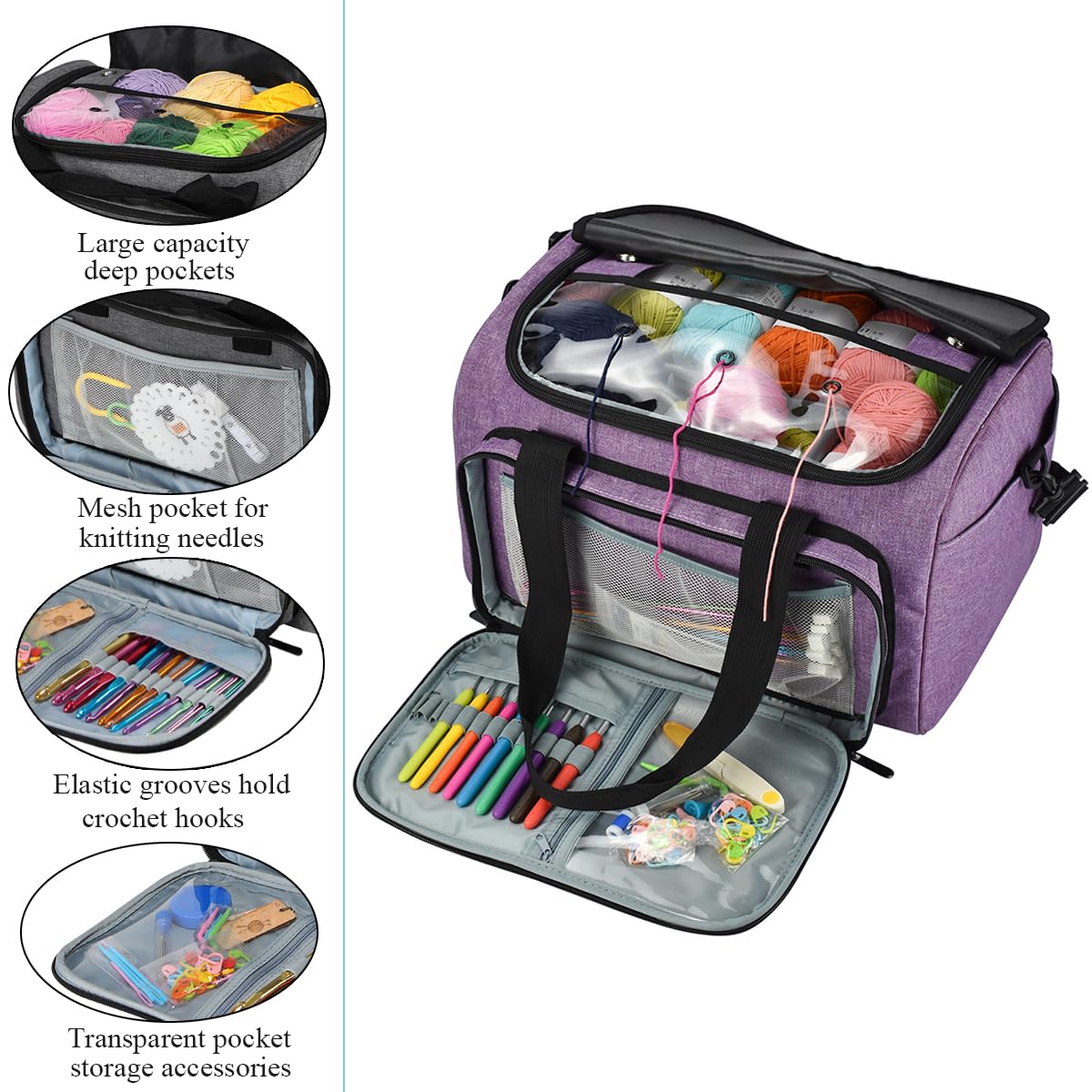 Weabetfu Große Häkeltasche, Stricktaschen und Tragetaschen, Organizer, große Garntasche, Aufbewahrung für Häkeln, Stricknadeln, Stricknadeln, Zubehör, Garn – ideales Häkel- und Strickgeschenk (lila)