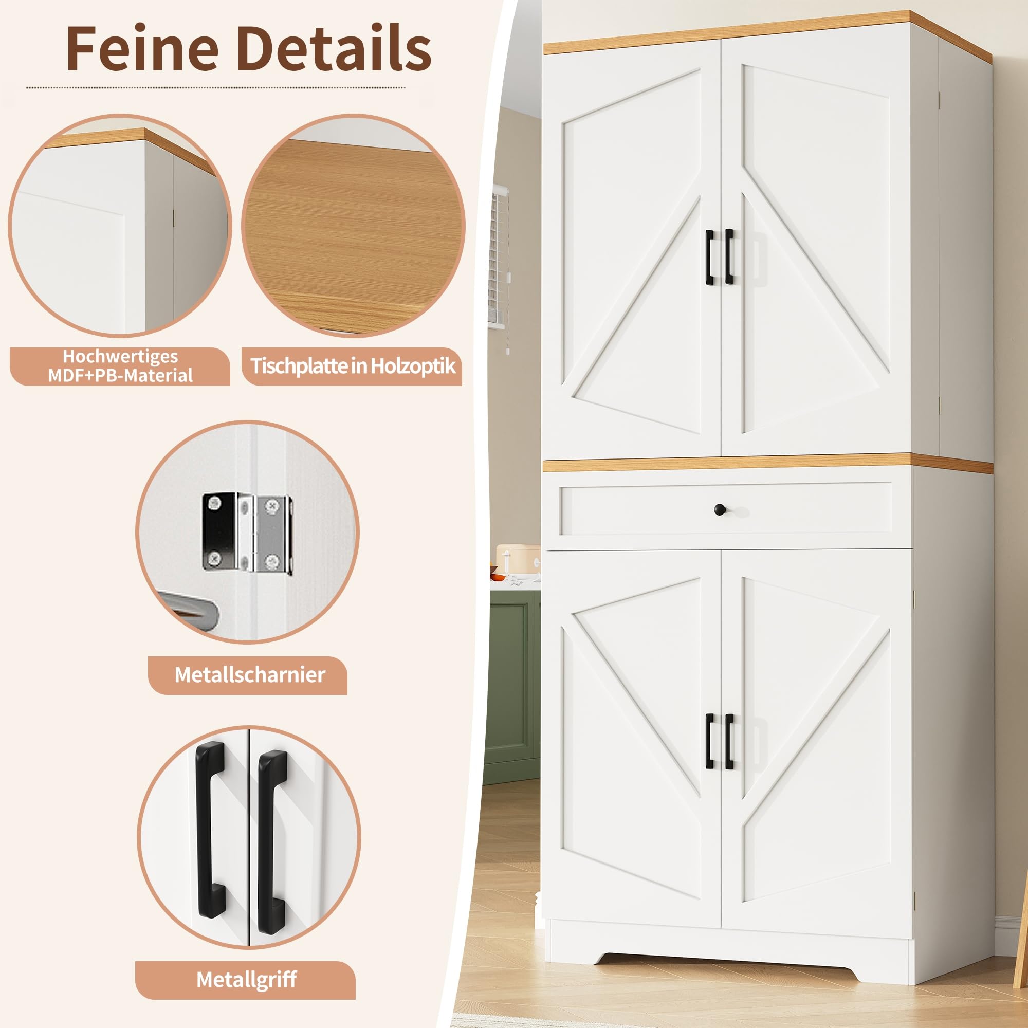 Hochwertiger Küchenschrank mit 12 Türfächern & Schubladen (80x40x180cm), Snack-Aufbewahrungsschrank aus MDF & Spanplatte, Buffetschrank für Esszimmer, Küche, Wohnzimmer