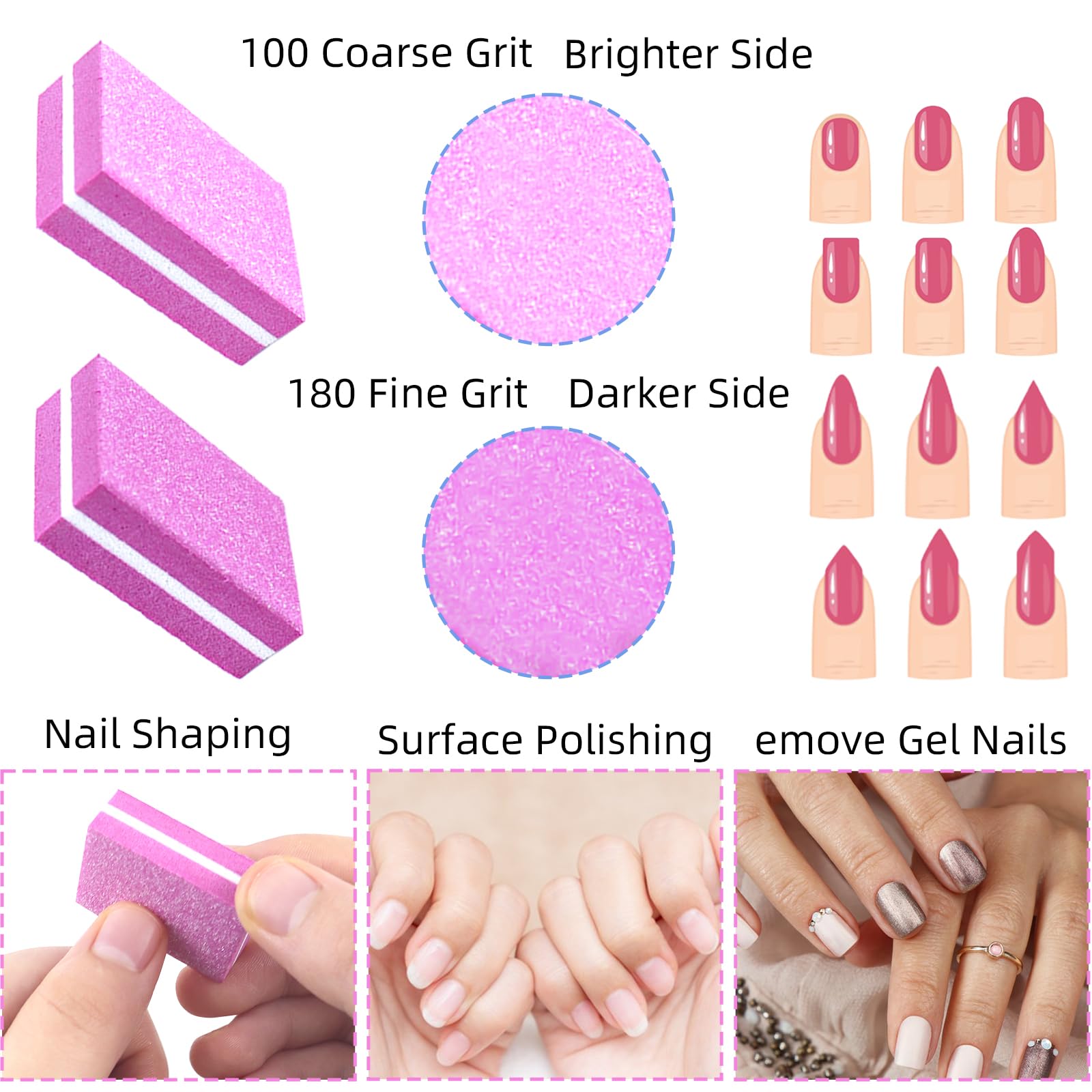 50 Stück rosa Schwamm-Nagelpolierer, Körnung 100/180, Mini-Nagelfeilen für Acryl- und Naturnägel, doppelseitige Polierblöcke für Maniküre und Pediküre, Salon und Heimgebrauch