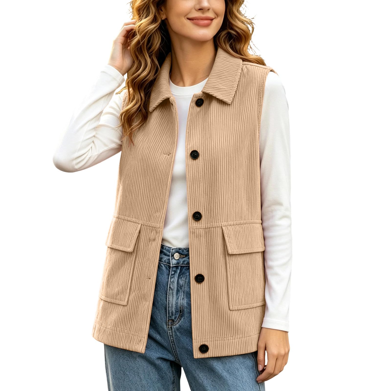 Corduroy Vest Women Sleeveless Turn Down Collar Button Up Waistcoat
