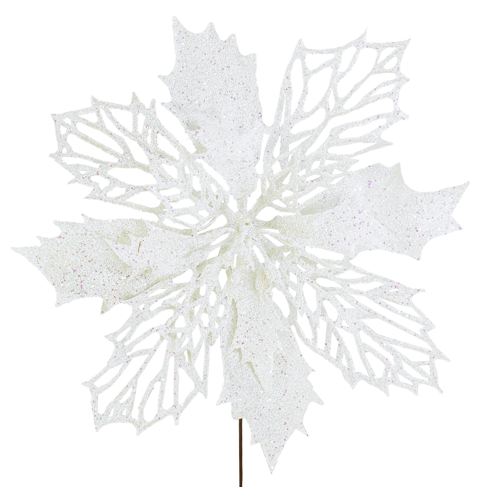 Winlyn 24 Pcs Christmas Glittered Poinsettia Picks White Glitter Mesh Holly Leaf Artificial Poinsettia Flowers Christmas Tree Ornaments 5.9