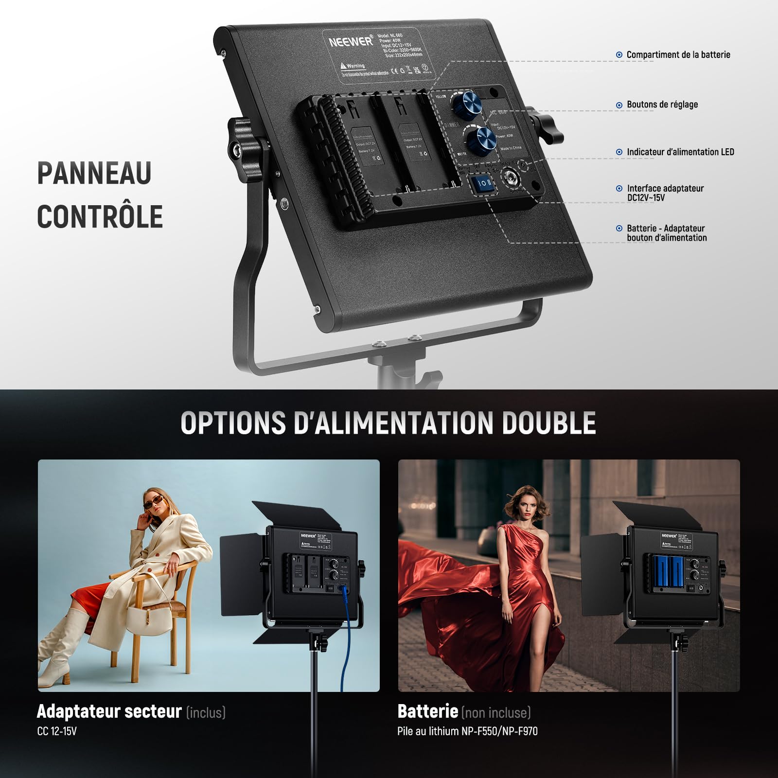 NEEWER Kit d'éclairage vidéo LED Bicolore 660 avec Deux Trépieds de 200cm,Panneau d'éclairage à Intensité Variable 3200K-5600K CRI 96+ avec Support en U & Coupe-Flux pour Studio Photo,Streaming,Noir