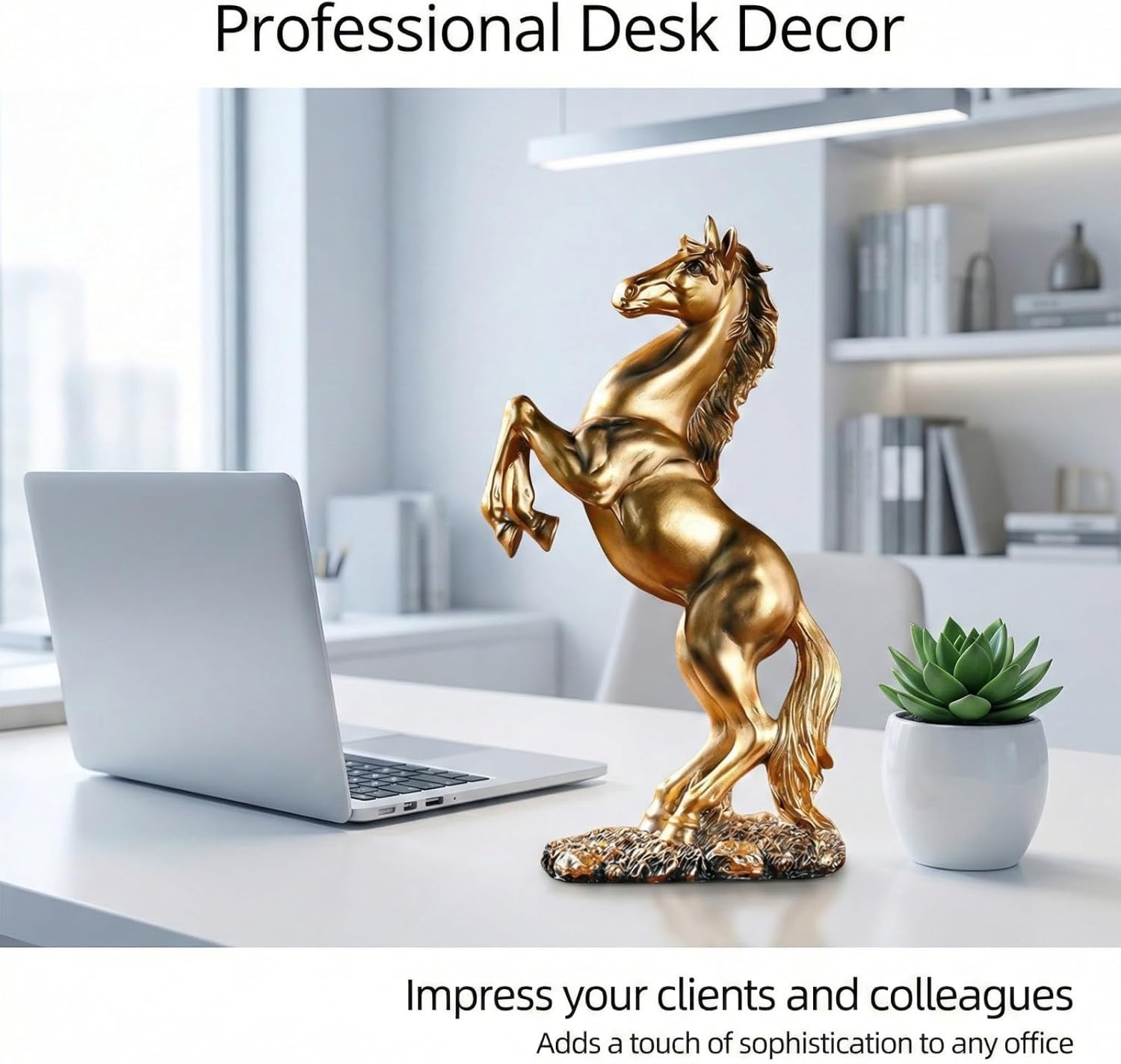 Golden Rearing Horse Statue for Home Decor - 12.2" Antique Gold Resin Stallion Sculpture - Lucky Feng Shui Figurine for Office Desk, Bookshelf & Business Gifts (Symbol of Success)