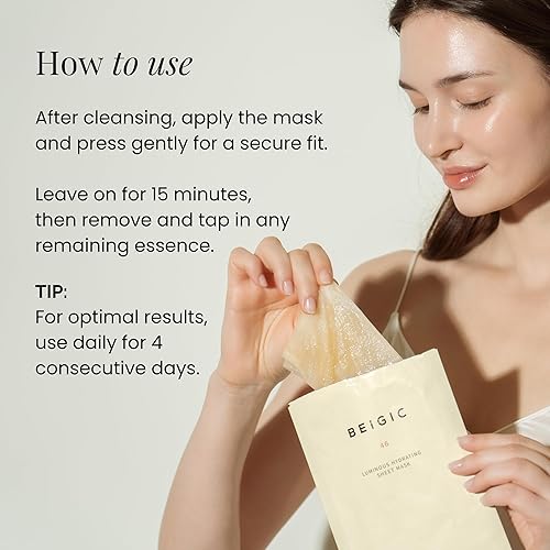 Miniatura 6 de BEIGIC Máscara hidratante luminosa en láminas, paquete de mascarilla hidratante y reafirmante vegana con péptidos, vitamina C y niacinamida para