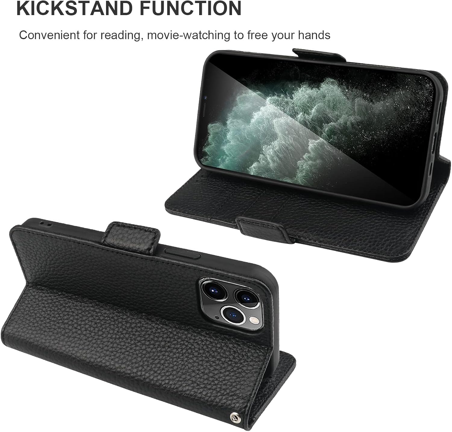 Bocasal Wallet Case for iPhone 11 Pro Max, Genuine Leather Support Wireless Charging RFID Blocking Flip Case Card Slots Holder, Kickstand Book Folding Folio Cover with Wrist Strap 6.5 Inch (Black)