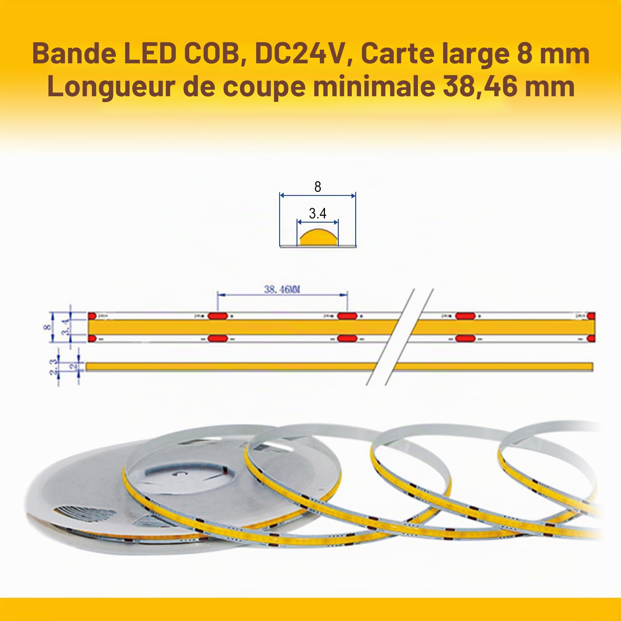 24V ruban led cob 10m,naturel 4000K,Avec gradation à distance
