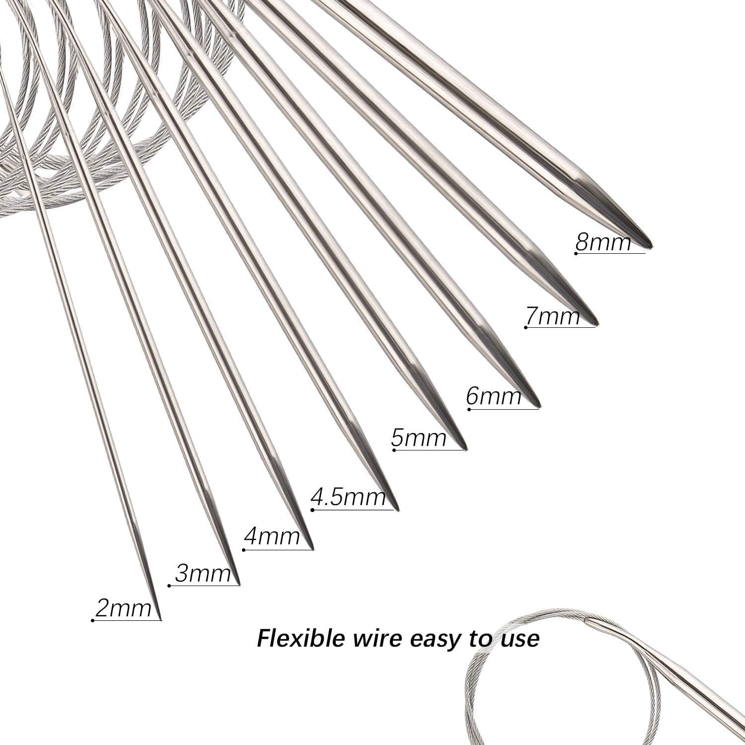 AIEX 8pcs Stainless Steel Circular Knitting Needles Set Various Sizes Crochet Knitting Needles Yarn Needles for Weaving Project(2mm, 3mm, 4mm, 4.5mm, 5mm, 6mm, 7mm, 8mm)