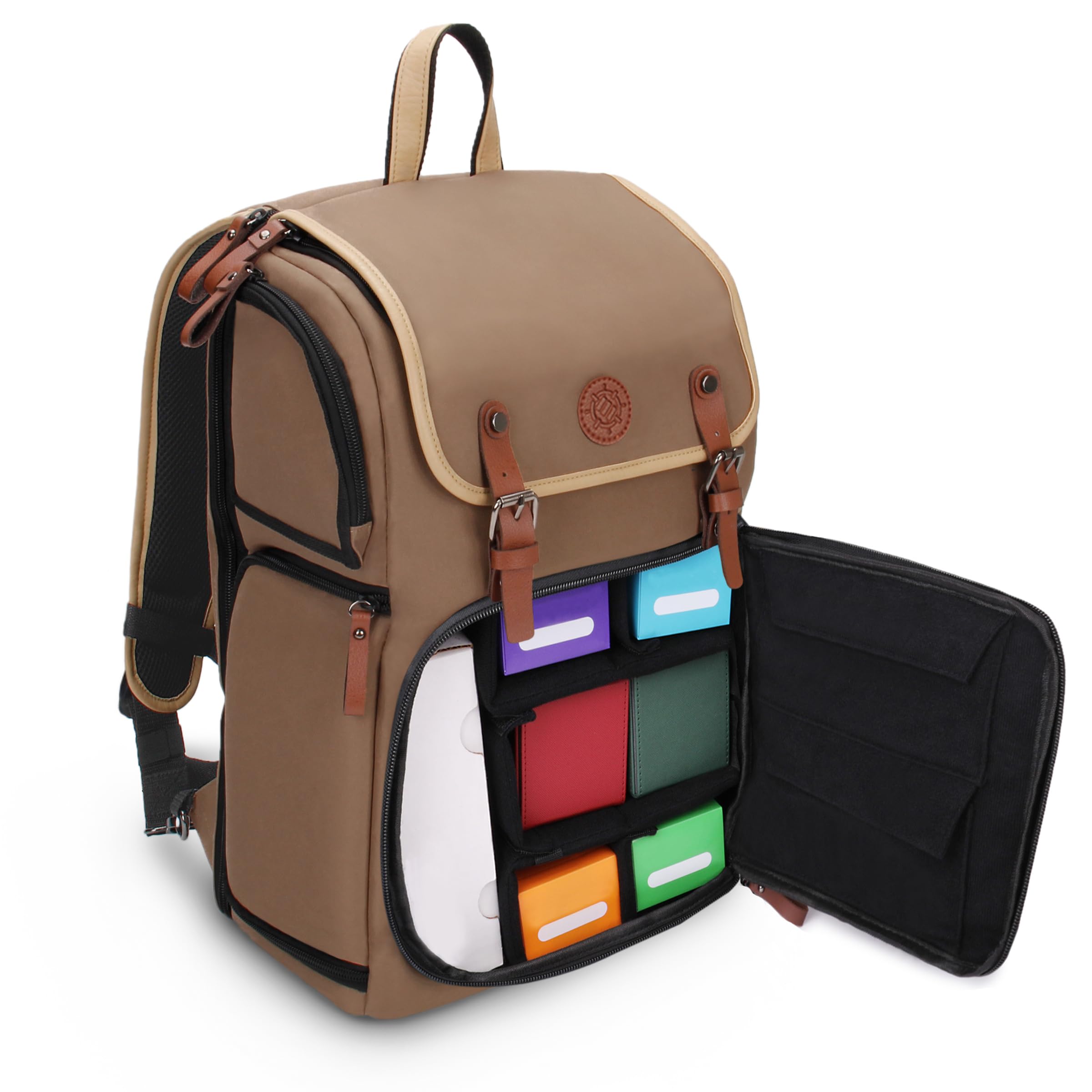 ENHANCE Full-Size Trading Card Storage Box Backpack for Playing Card Case - Card Binder Space, TCG Deck Box Storage, Playmat Holder - Compatible with Magic The Gathering, YuGiOh, DND (Tan)