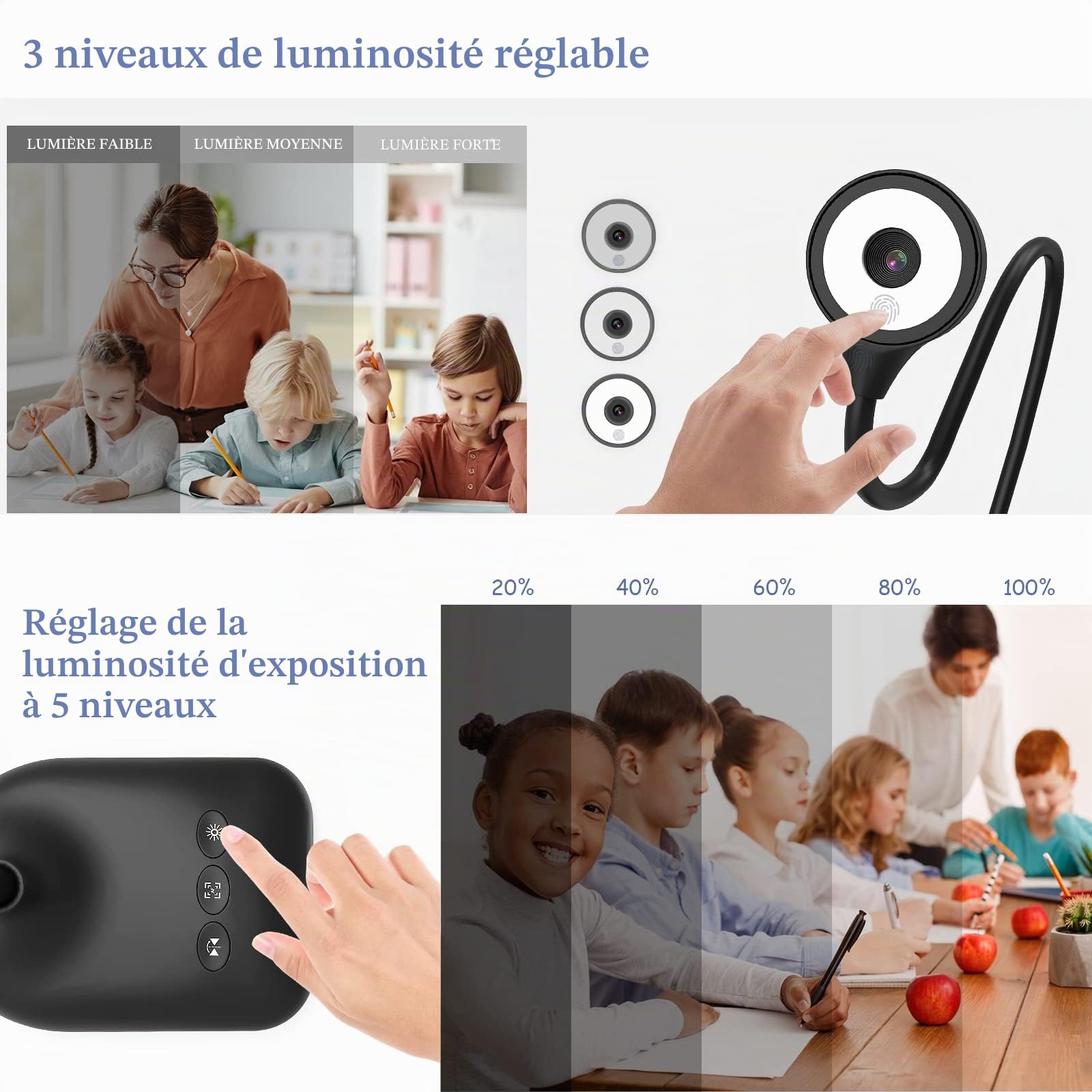 USB Visualiseur & Caméra de Document pour Format A3, Lumières LED à 3 Niveaux, iOS à 5 Niveaux, Inversion d'image, Pliage avec Zoom, Skype, Teams, OBS. pour Windows, macOS, Linux, Chromebook