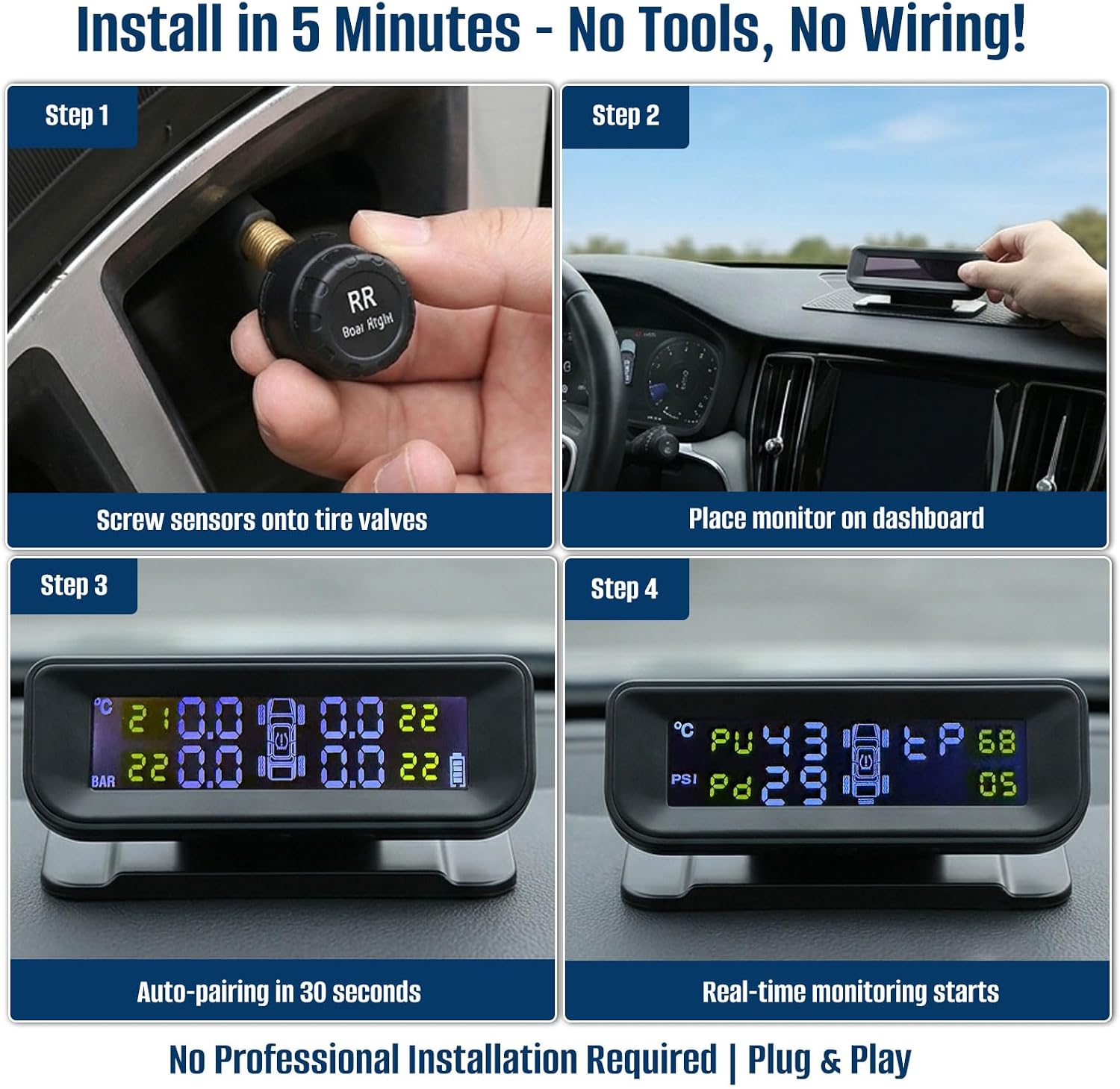 Tire Pressure Monitoring System Tire Pressure Monitor System with Solar Charge with 4 Sensors(Max to 10) & 6 Alarm Modes Color LCD Display, 0-87Psi for Rv/Trailer/Truck (Black)