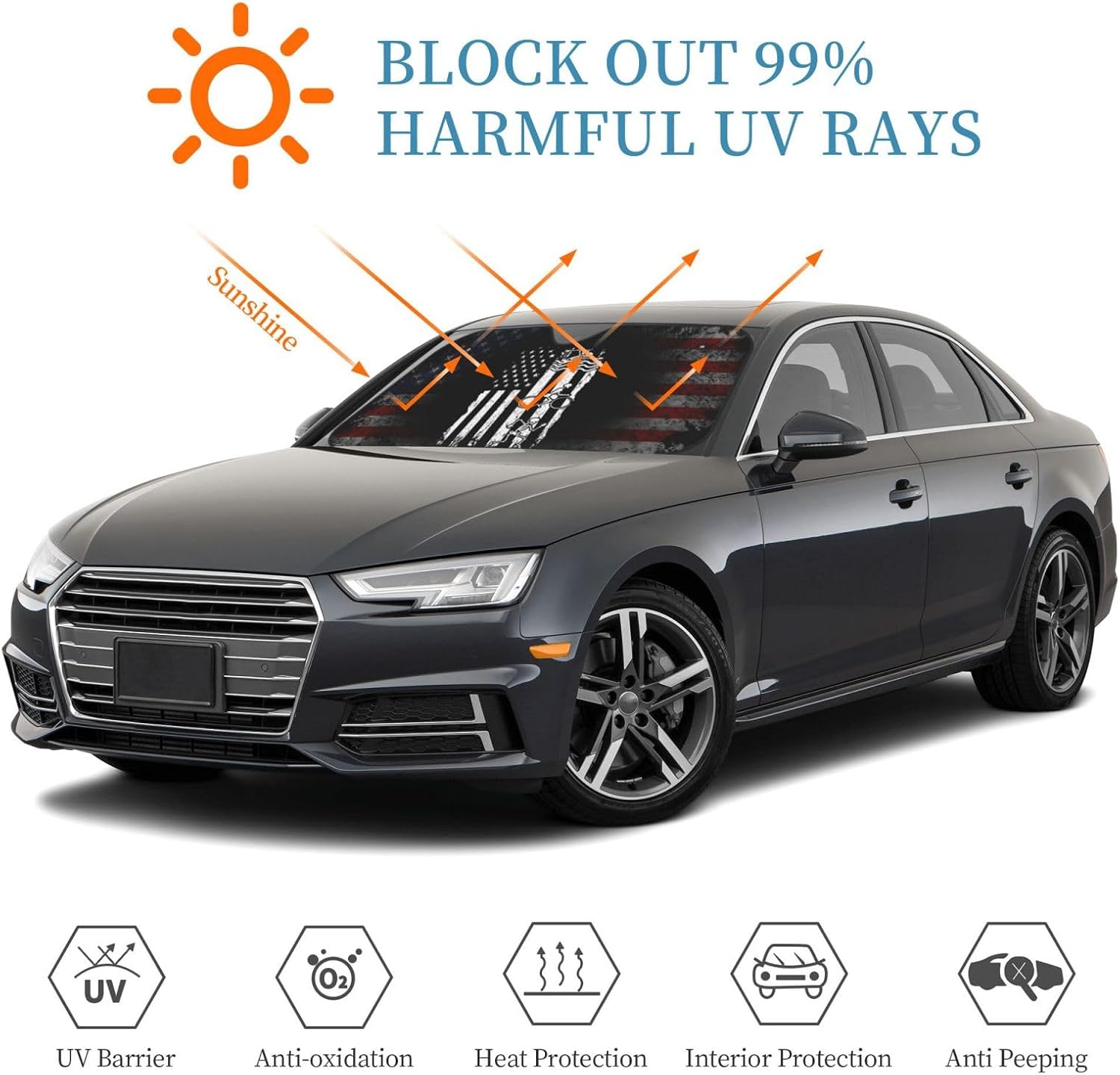 Triathlon American Flag Foldable Car Windshield Sunshade Blocks Heat and Sun Glare Uv Rays