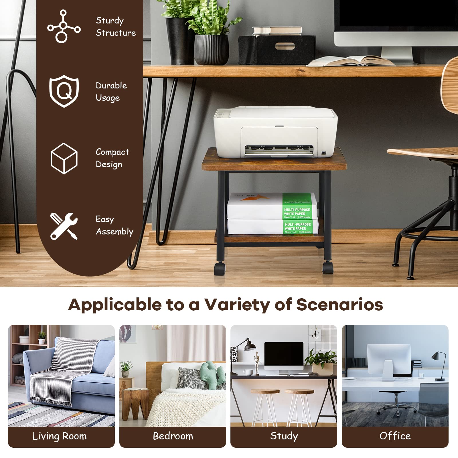 Carrello Portastampante 2 Ripiani Con Ruote - Salvaspazio Per Ufficio E Casa, Carico 45kg - Foto 8