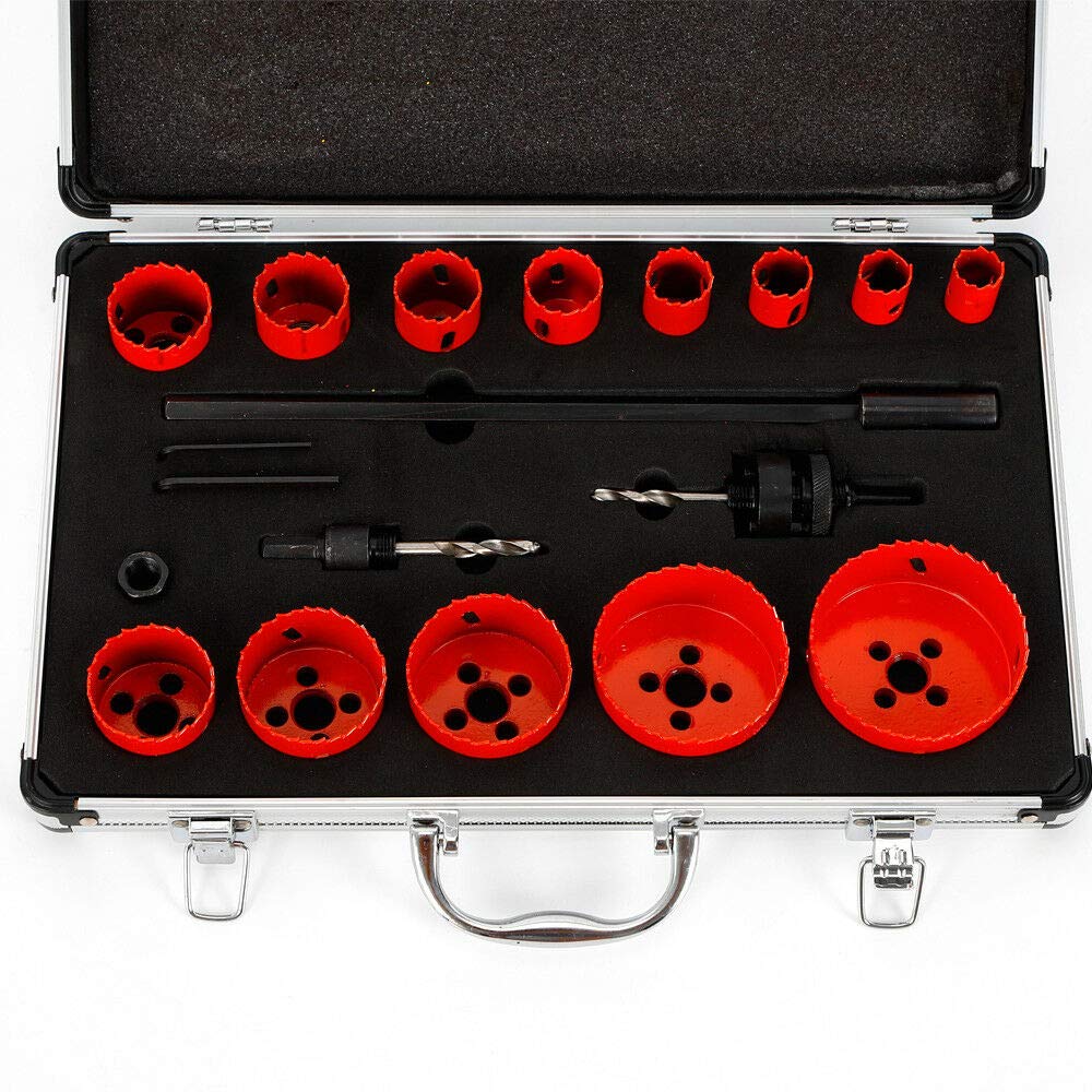 Juego de sierras perforadoras profesionales, 17 piezas, HSS bimetal, brocas de 19-76 mm, con maletín, juego de sierras de corona para metal, aluminio, acero inoxidable, plástico y madera