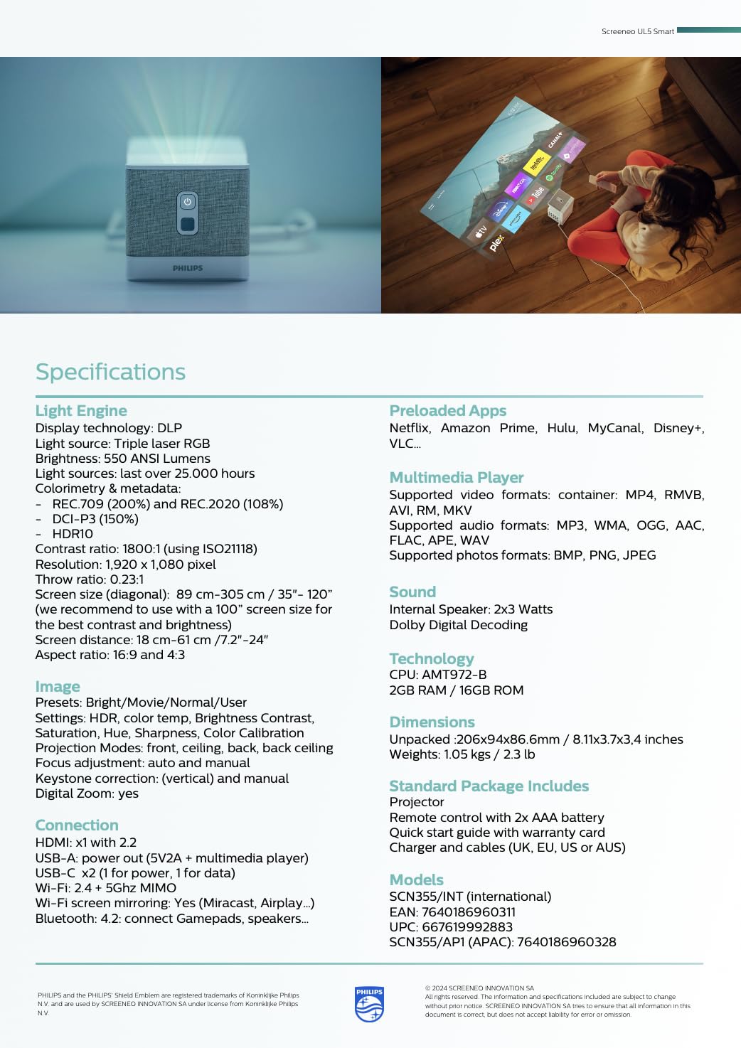 Philips UL5 Smart, Vidéoprojecteur Ultra Courte Focale, Full HD 1080p, Triple Laser, Wi-FI, Correction d'image avancée, Son Stéréo, Système Lumin OS avec Applications, Blanc