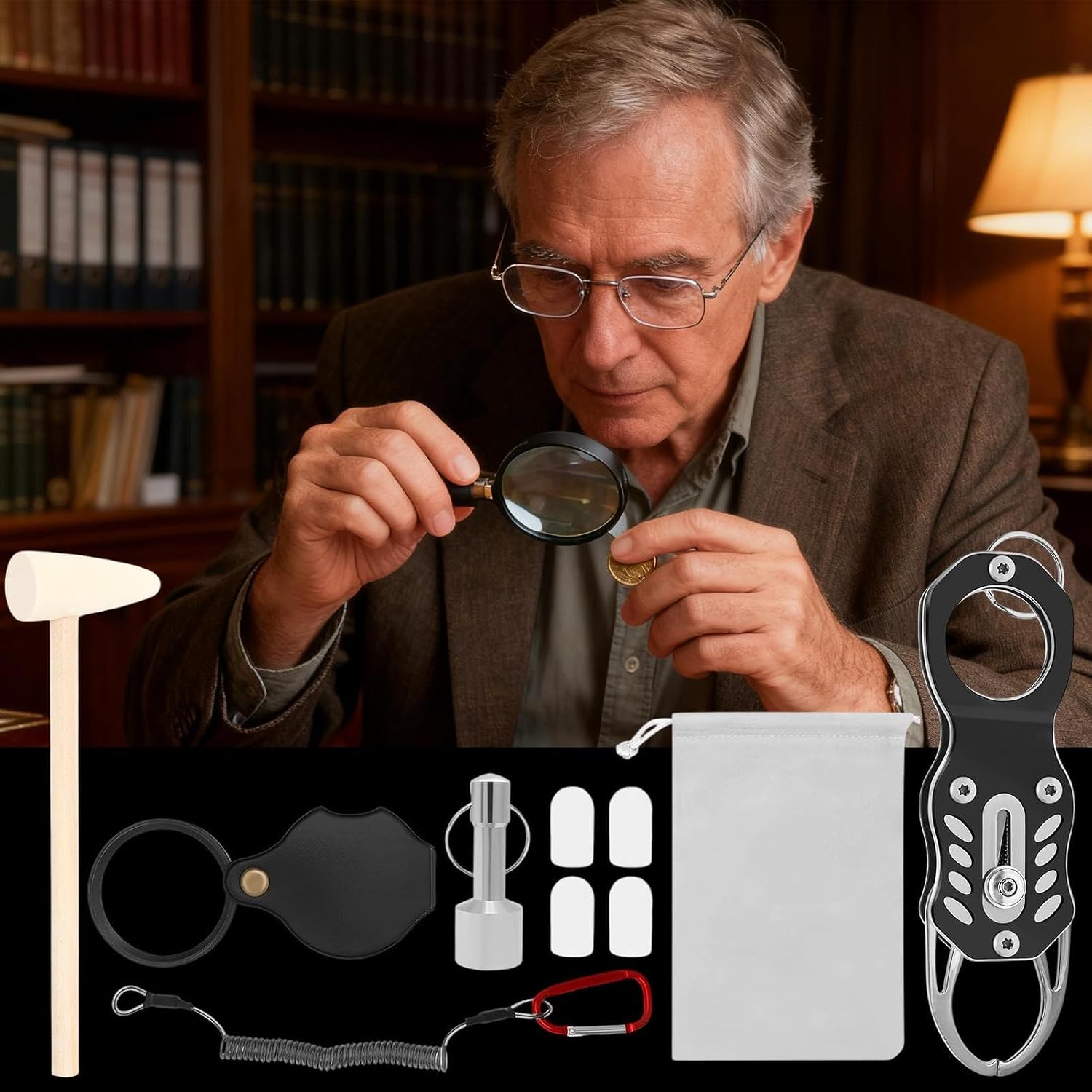 Pocket Coin Tester - Hammer Pliers Magnifier Glass Set for Collectors Enthusiasts | Coin Resonance Testing Tool with Precision Clamps Adjustable Magnifyings Lens for Adults Family Professionals
