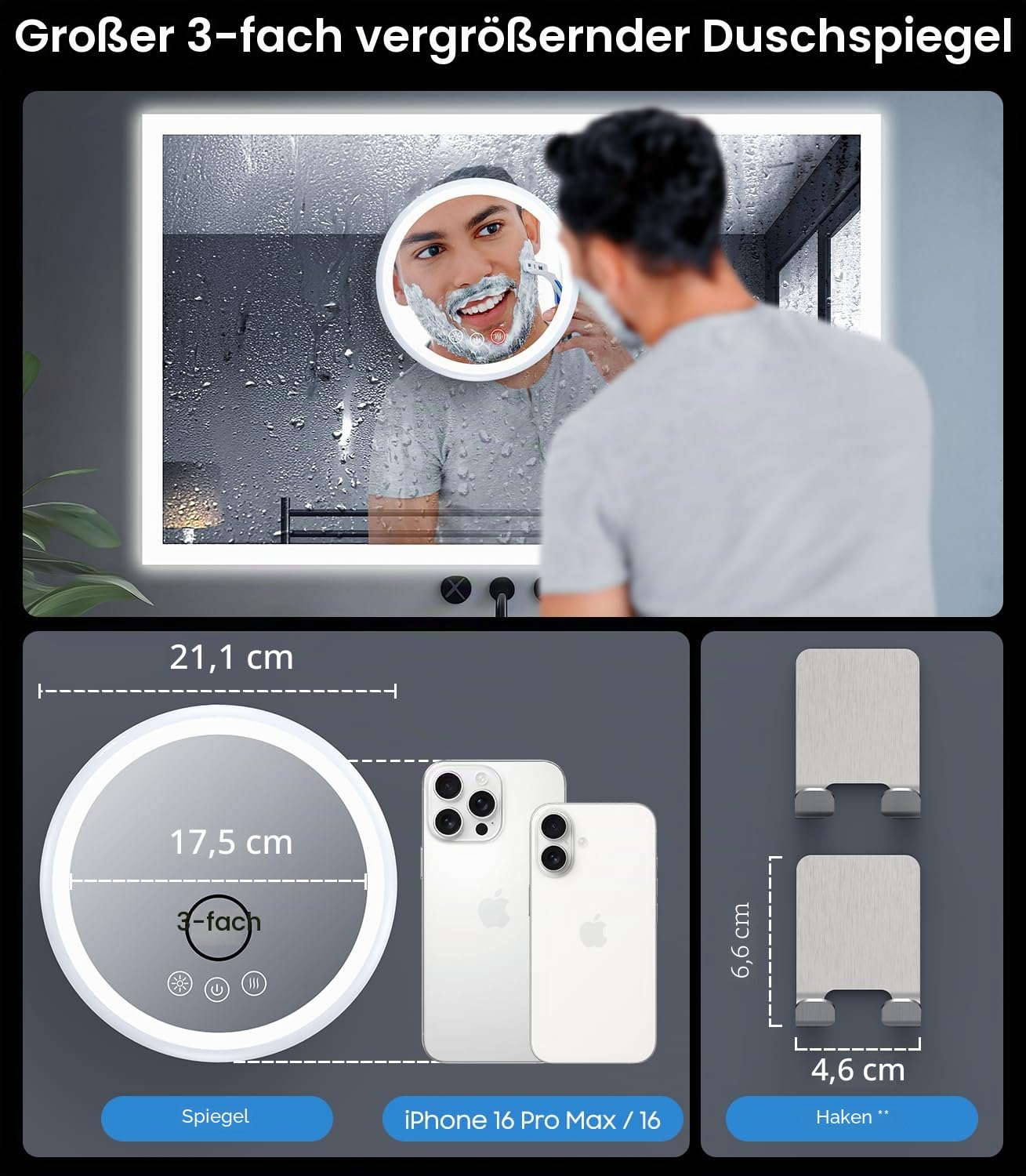Gospire Beheizter Duschspiegel, beschlagfrei, mit Licht, 5000 mAh Akku, 360° drehbar, 21,1 cm großer Anti-Beschlag-Rasierspiegel mit 3 Farben, stufenlos, dimmbar, inklusive 2 Klebehaken, 3 Stück