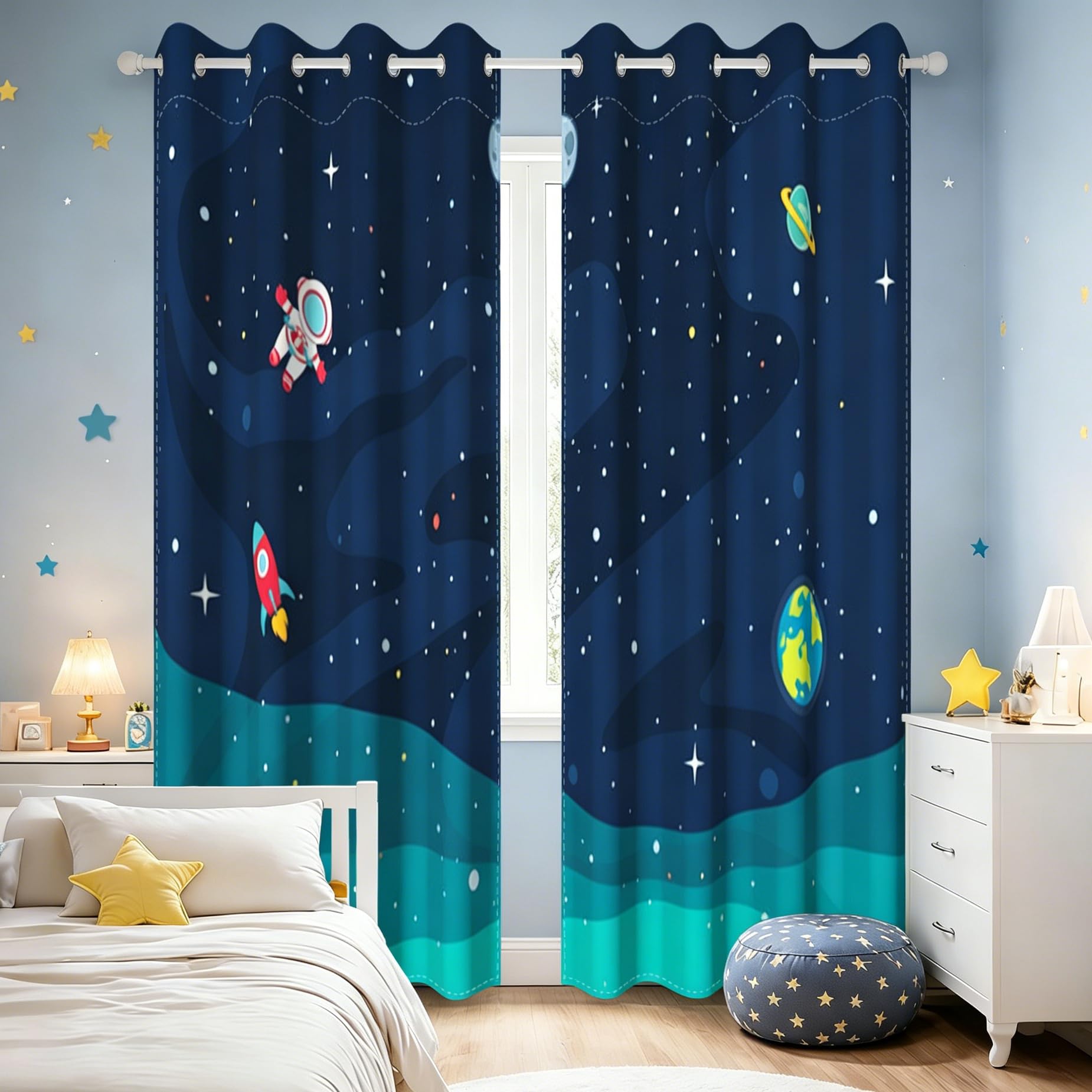 YONGFOTO Vorhang Weltraum Kinderzimmer Universum Galaxie Rakete Planeten Astronaut Weltall Verdunklungsvorhänge Kinderzimmer Junge mit Ösen Marineblau 2 Stück 117 x 183 cm