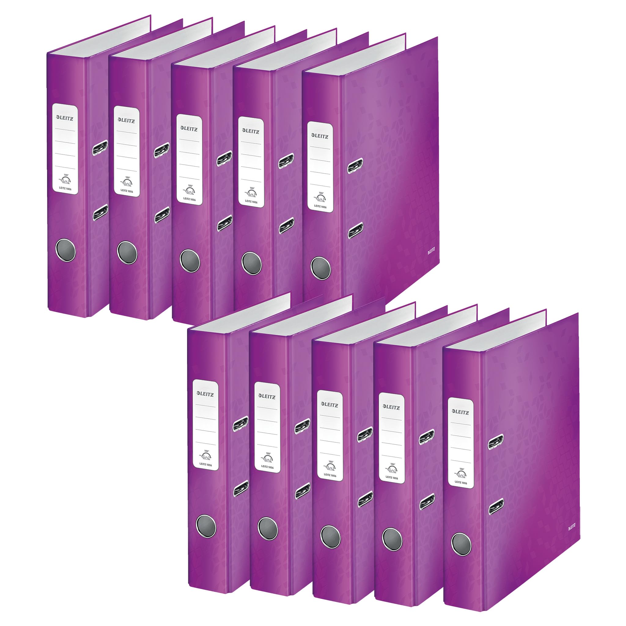 Leitz 10060062 segregator 180°, 10 sztuk, format A4, wąski, szerokość grzbietu 5,2 cm, laminowana szara tektura, fioletowy, seria WOW, wzór może się różnić