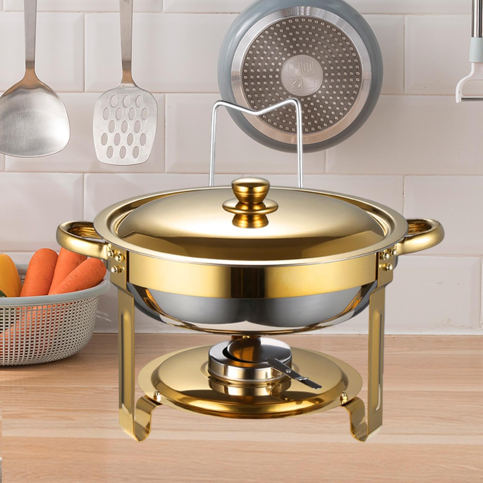 Juego de Buffet con Recipiente Calentador, Soporte Grueso Y Fácil de Limpiar, Ideal para Servir Comida. Calentador de Alimentos para Tabletas, Oro, Individual