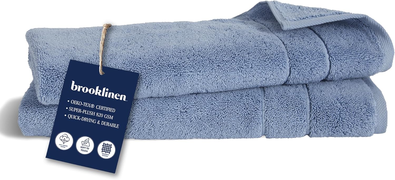 Brooklinen Super-Plush Turkish Cotton Hand Towels Set of 2 Cotton, 820 GSM, Highly Absorbent, Machine Washable, Perfect for Home & Bathroom (20"x30", Ocean Blue)
