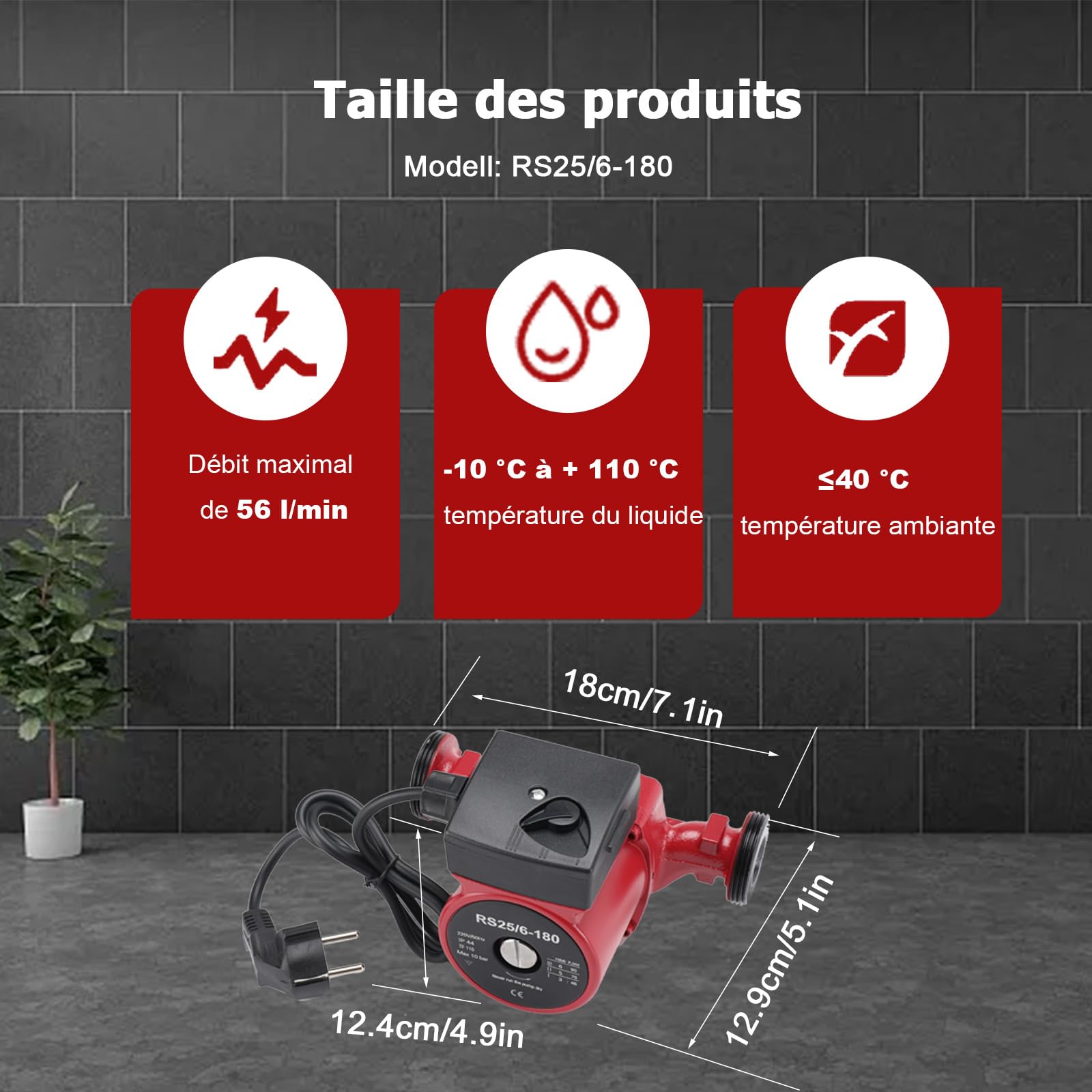 Pompe de Circulation Pompe à Eau Chaude, Circulateur de Chauffage Domestique Vitesse à 3 Niveaux 46/76/93W, Pompe de Chaudiere Circulateur pour Chauffage Central, 56l/min