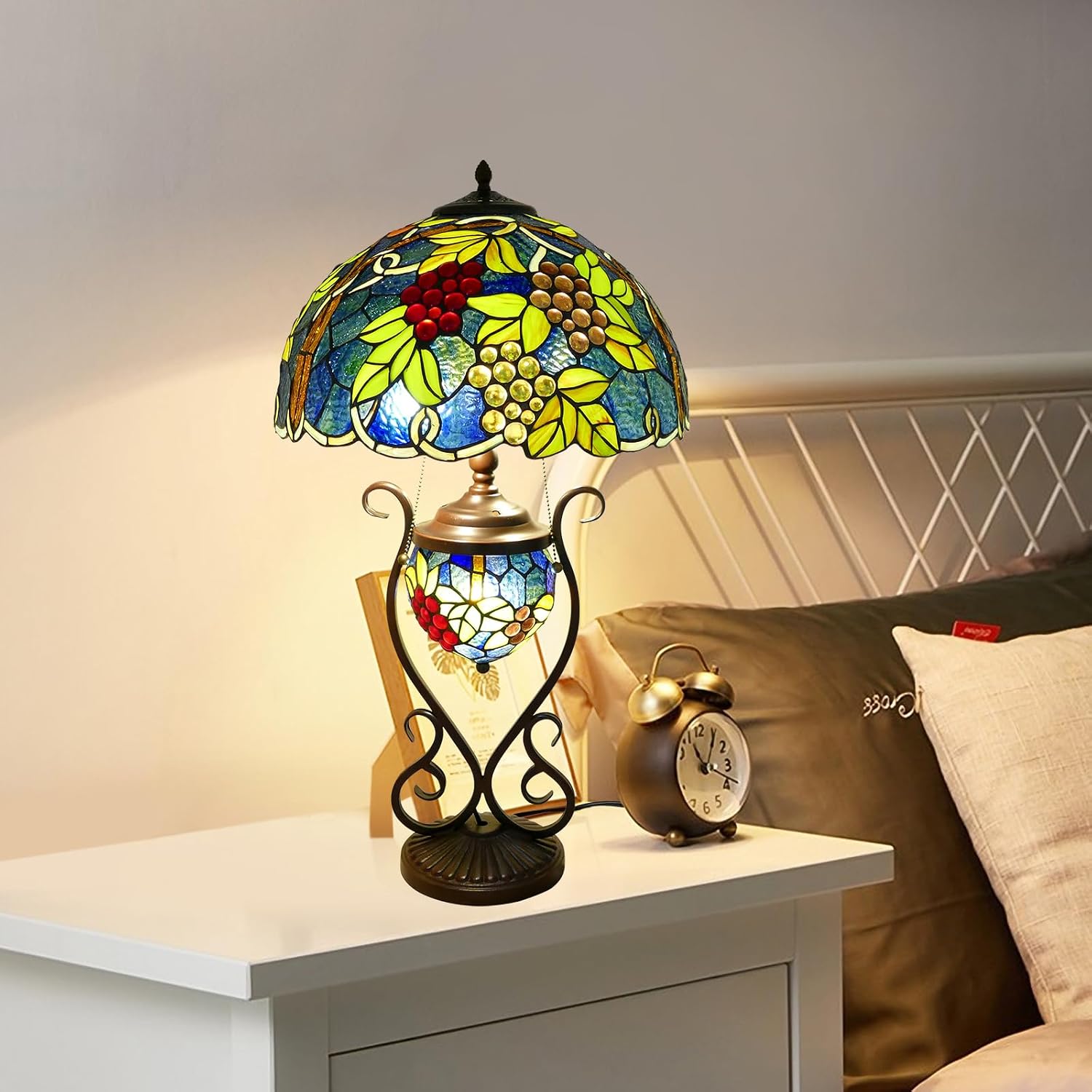 Tiffany Lamp Stained Glass Lamp 16x16x27 Inches Blue Grape Style Large Table Lamp Desk Light with Metal Base for Bedroom Living Room Home Office Decor