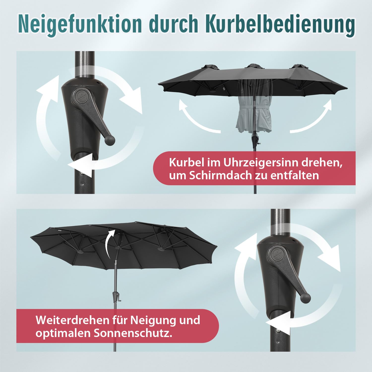 Sekey Doppelsonnenschirm mit Kurbel, UPF 50+ Sonnenschutz, XXL Garten-Sonnenschirm für Terrasse, Balkon, Strand