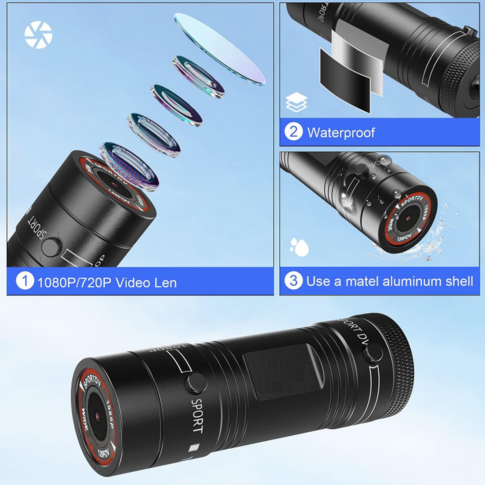 Kamera rowerowa 1080p, kamera sportowa na kask, obiektyw szerokokątny 120°, wodoszczelność IP66, wbudowany akumulator 600 mAh z kartą TF 32 GB, uchwyt na kask, stojak rowerowy do sportów na