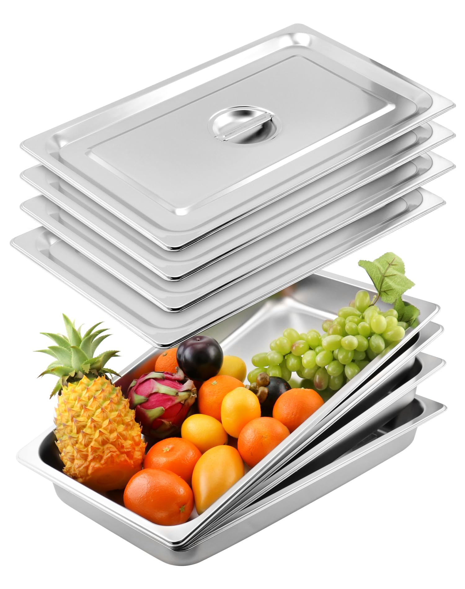 QWORK Stainless Steel Full Size 1/1 Chafing Dish Pan Set, 4 Pack 2.56" Deep 0.03" Thick 8.5L Heat-Resistant Pans with Lids, Steam Table Pans for Catering & Food Service