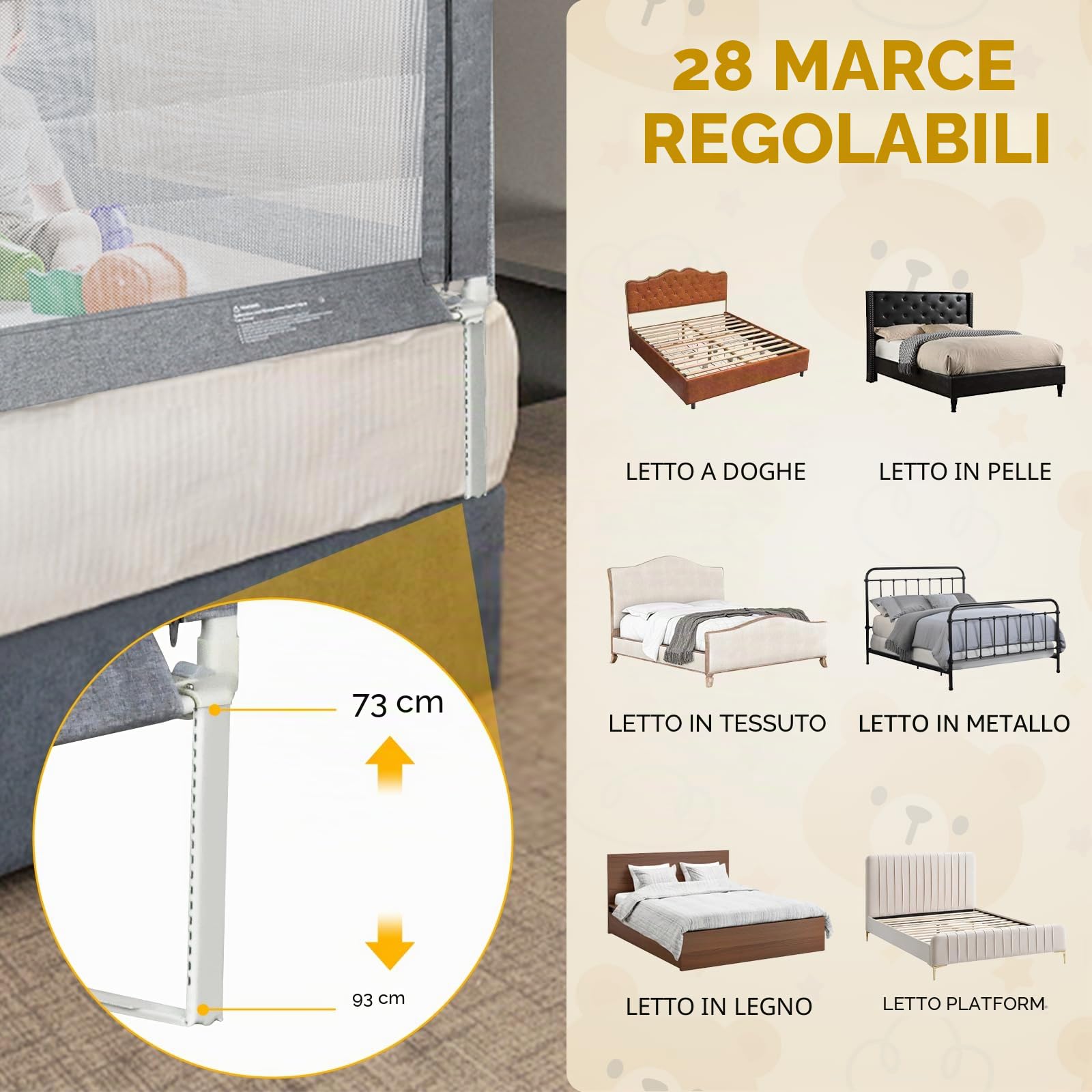 Sponde Letto Bambini，Barriera Letto Bambini，Sponda di Sicurezza per Bambini con Doppio Blocco di Sicurezza per Bambini, Altezza Regolabile，protezione da caduta，1PCS(Grigio) 180cm