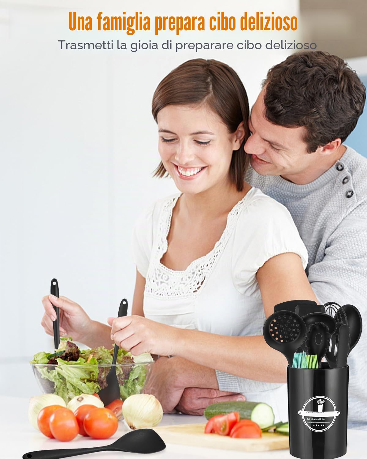 Set di utensili da cucina (nero), 15 pezzi di utensili da cucina e pentole, set di mestoli in silicone, set di utensili da cucina antiaderente e resistente al calore con supporto per utensili