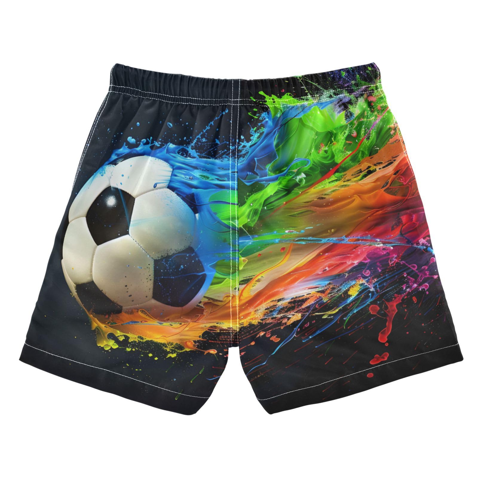 Boys Swim Trunks, Soccer with Colorful Splash Black Beach Board Shorts Swim Shorts