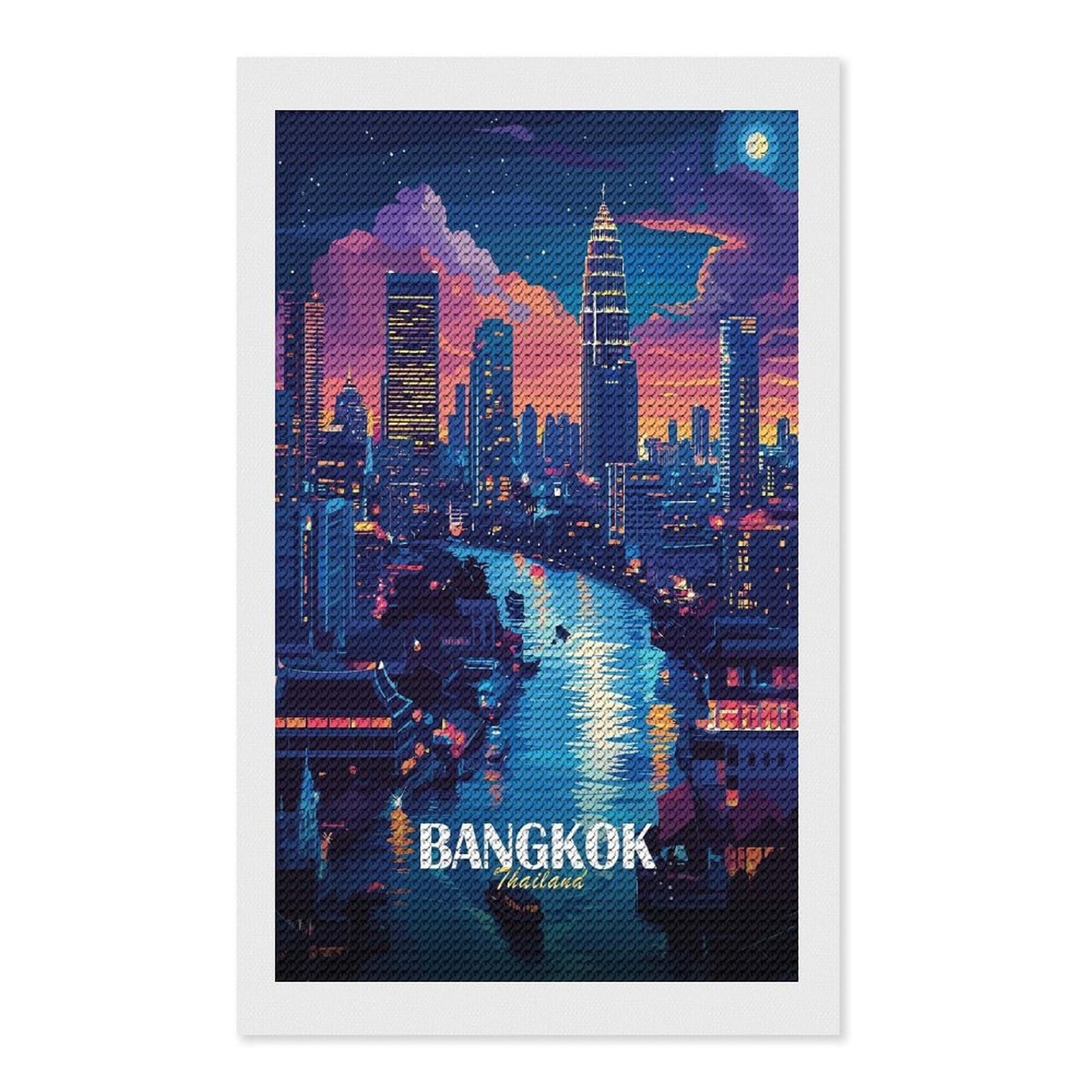 Junmoney Bangkok Thailand Cityscape at Night Full Drill Diamond Painting Kit 12"x20", for Teens, Calming Craft to Unwind, Home Wall Decor, Christmas Gift