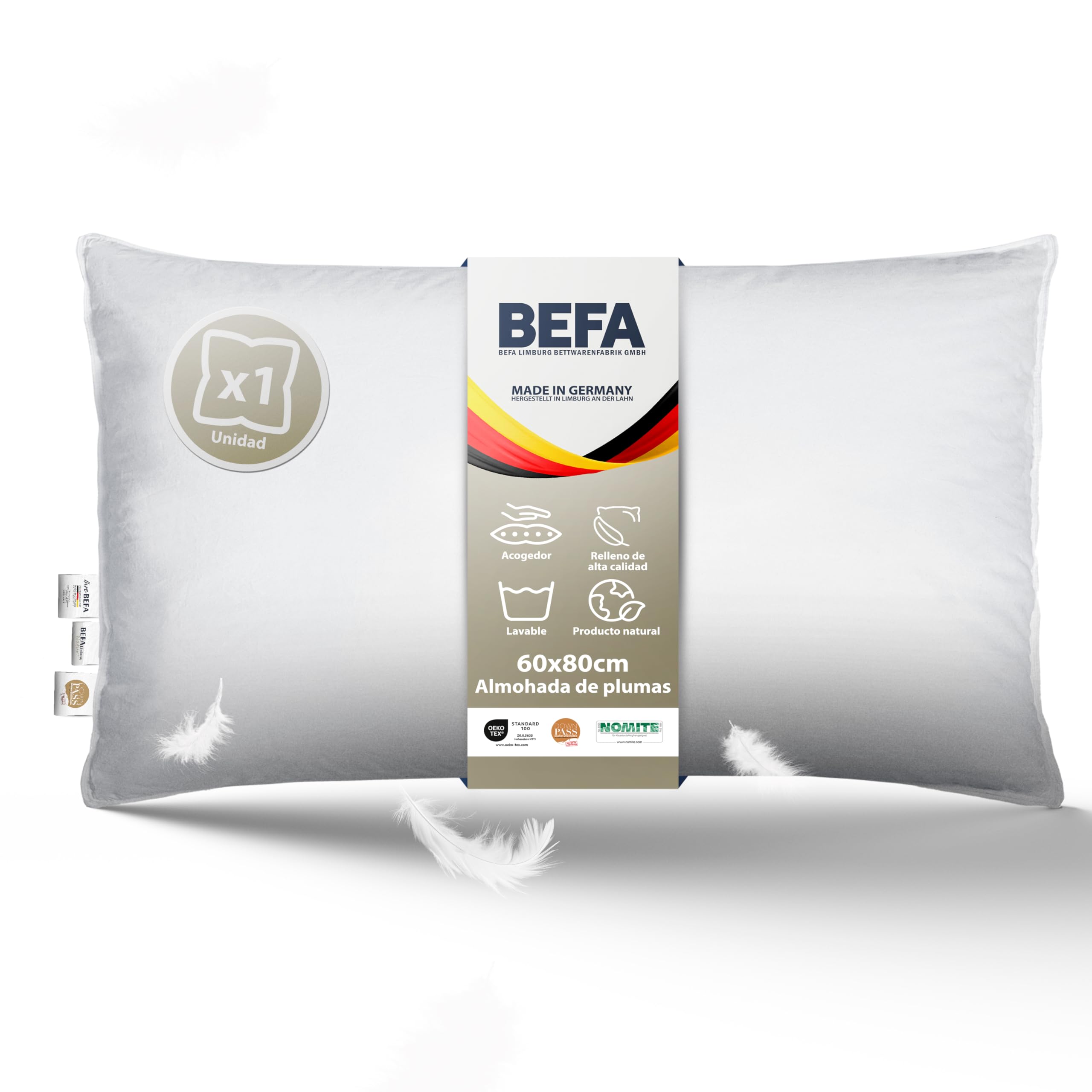 BEFA NATUR Almohada de Plumas 80x80 cm – Algodón – Fabricado en Alemania | 1125g peso de relleno • Funda de algodón transpirable • NOMITE • DOWNPASS • lavable 60 °C • OEKO-TEX • Fabricado en Alemania