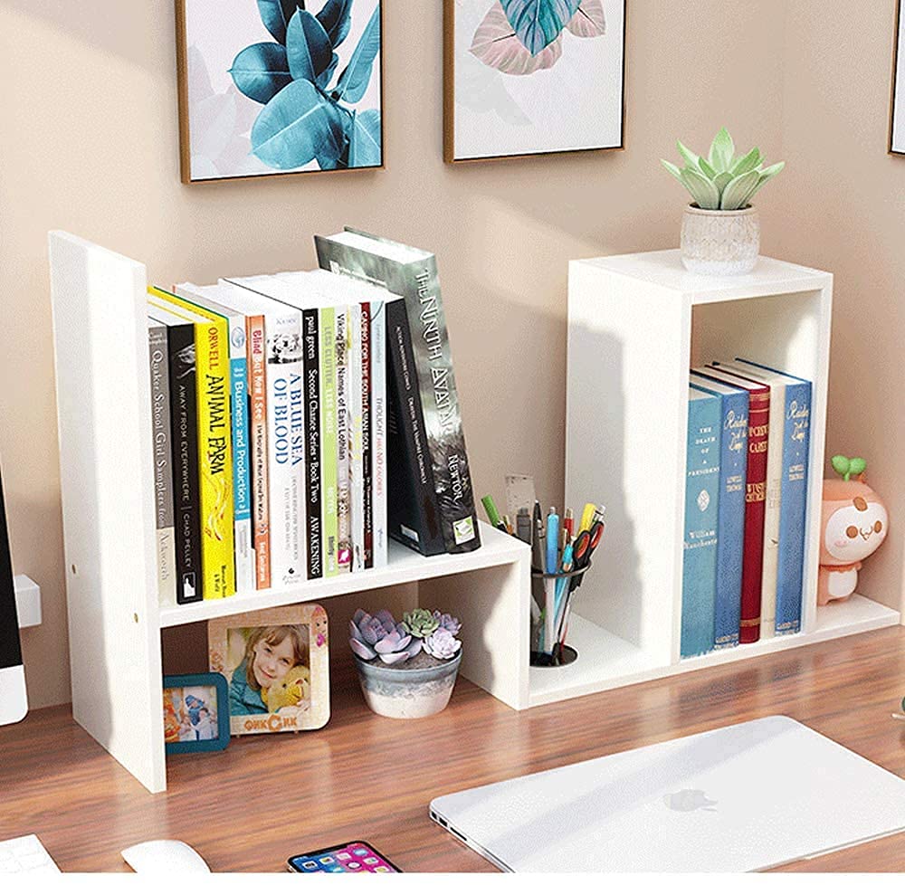 Bibliothèque Extensible en Bois, Organiseur et Étagère de Rangement de Bureau, Fournitures de Bureau, Blanc