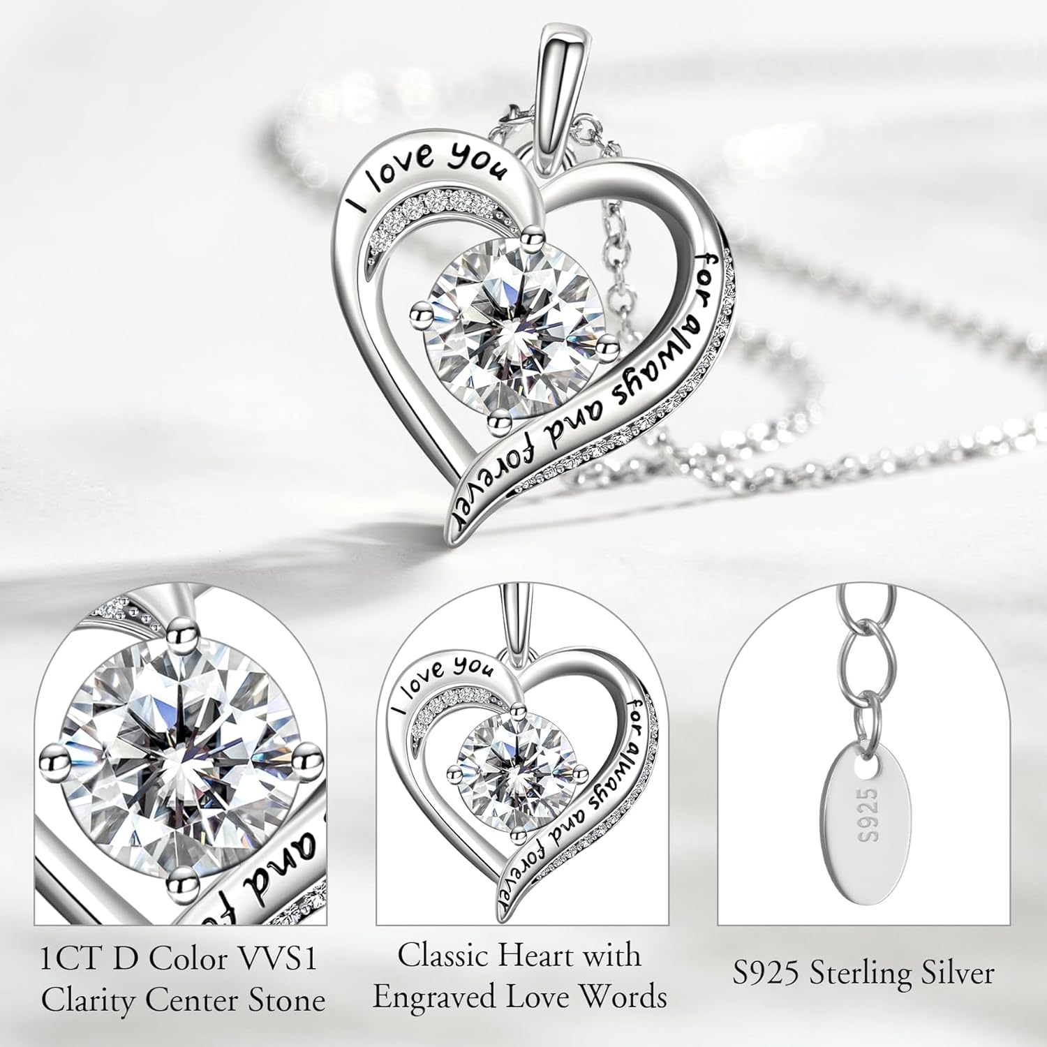 NORBU Moissanite Necklace for Women, 1 CT D Color VVS1 Clarity Round Cut, 925 Sterling Silver Heart Necklace with 18K White Gold Plated, Jewelry Gift for Wedding Anniversary Birthday Christmas Valentine's Day - Image 4