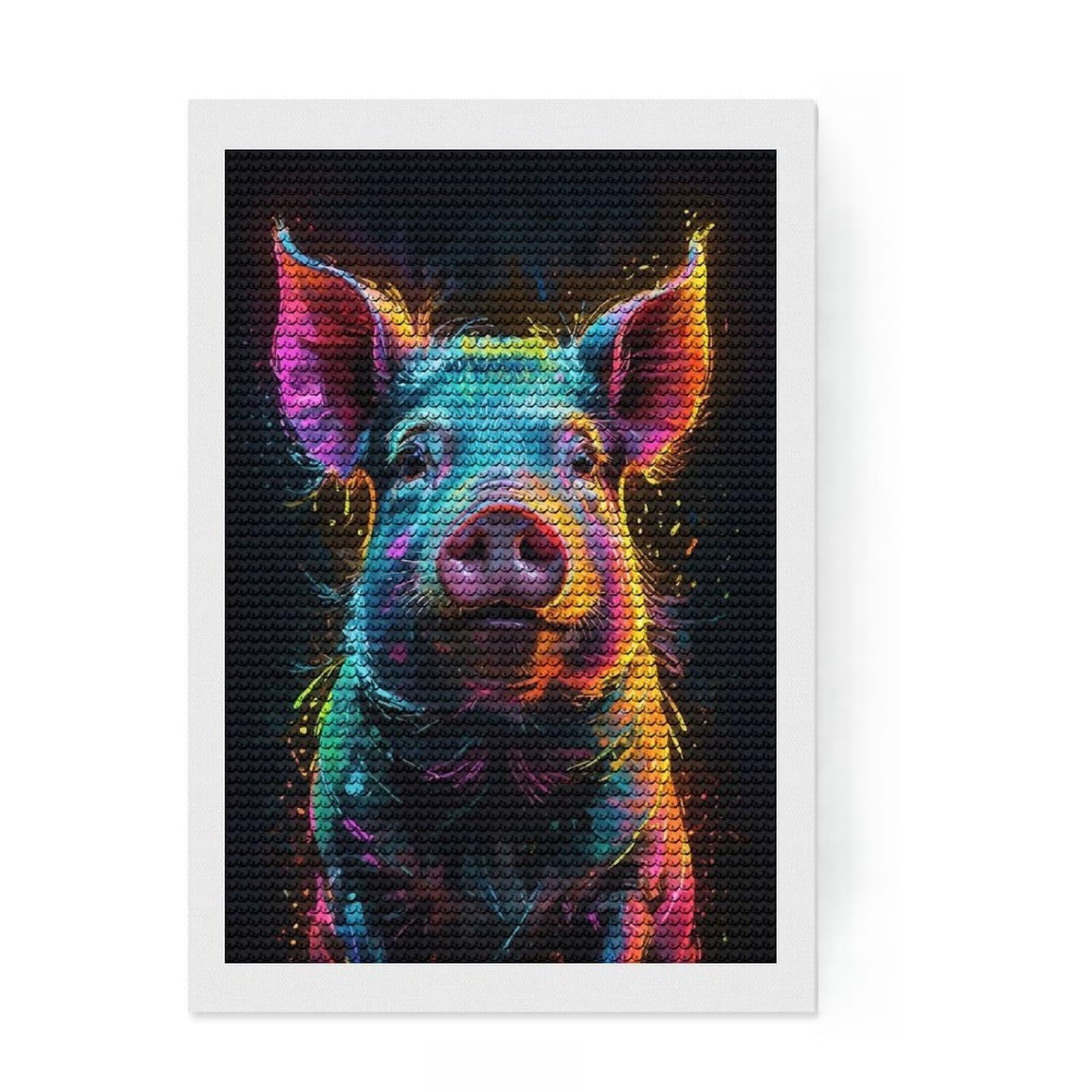 Junmoney Neon Pig Watercolor Portrait Diamond Art Canvas 8"x12", Sparkling Round Gems, Neat Printed Canvas, with Tool Kit, Office Decor, Printed Canvas