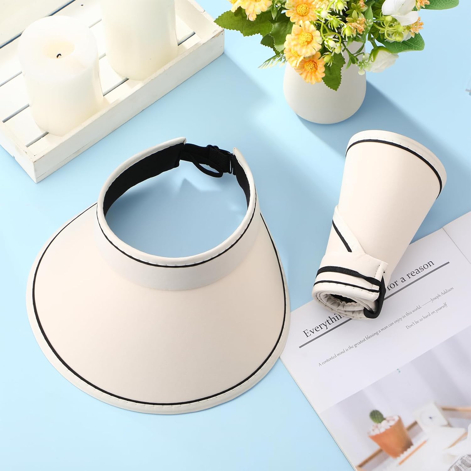 20 Pcs Sun Visor Hats for Women Bulk Wide Brim Foldable UV Protection Sun Hats Lightweight Roll up Ponytail Hat Packable for Outdoor Travel Golf Beach Beige