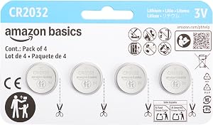 Amazon Basics CR2032 3V Lithium Coin Cell Batteries, Child-Proof Package, Non-Coated, AirTag Compatible, 4-Pack