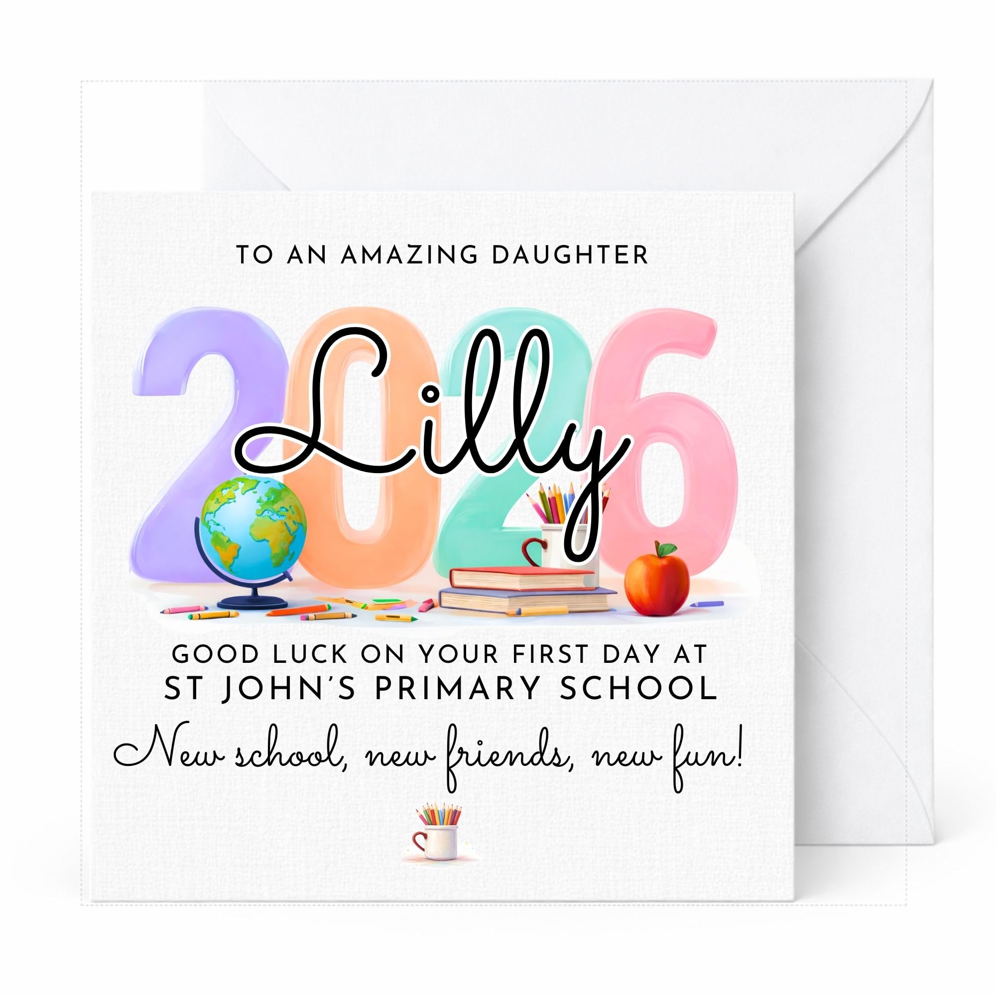First Day of School Card, Personalised Good Luck Card, 2026 Pastel Design, Custom Name, Relation & School Keepsake