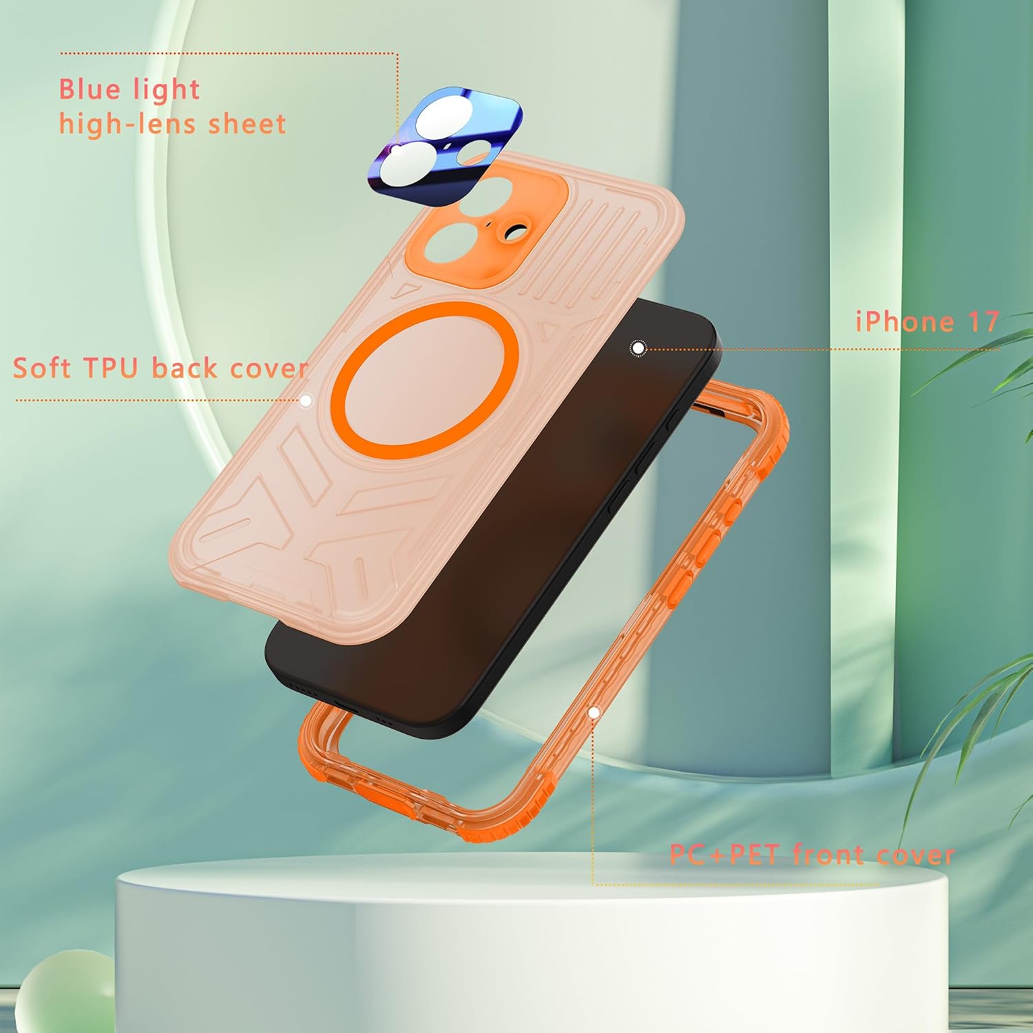 for iPhone 17 Waterproof Case, 360 Full Body Protective Phone Cover with Built in Screen Camera Protector, Underwater Filming Snorkeling Swimming, Frosted Matte Orange Rim