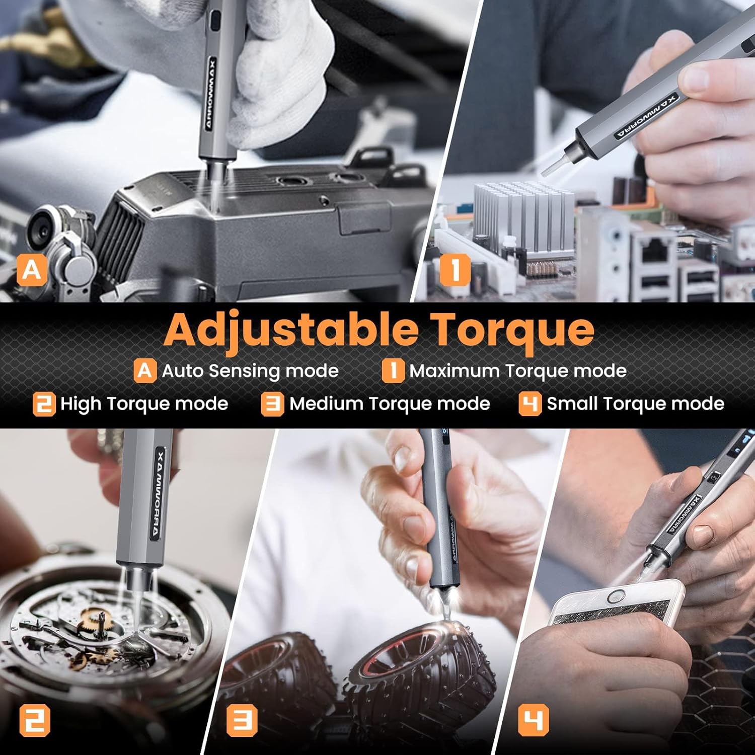 Image illustrating the 5 adjustable torque modes: Auto Sensing, Maximum, High, Medium, and Small Torque modes, shown with different applications like watches, RC car tires, and smartphones.