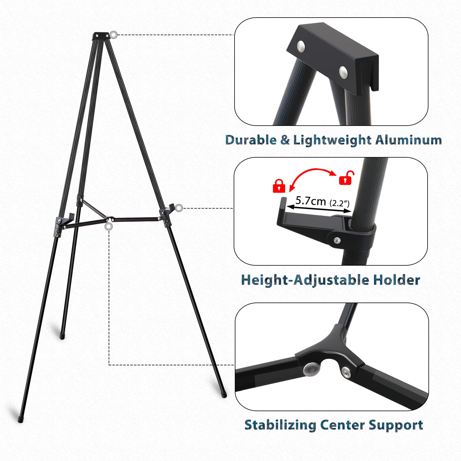 4 caballetes para exhibición, caballete telescópico de aluminio de 162 cm, caballete negro ajustable para pintura, obras de arte, lienzo, pizarra blanca, pósteres