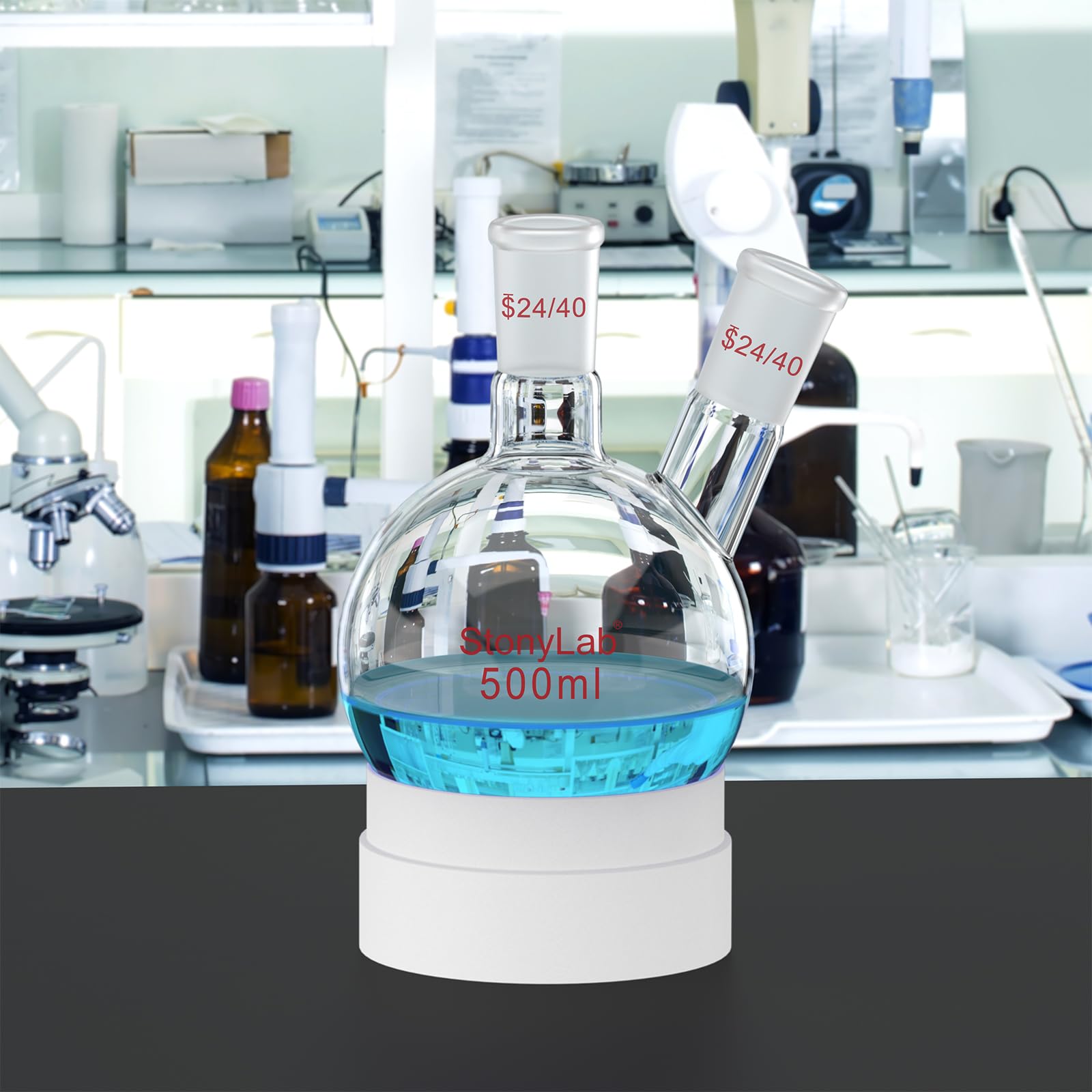 stonylab 500ml 2 Neck Flask Rundkolben, Borosilikat Glas Dreihalskolben Rundkolben RBF mit 24/40 Standard Taper Outer Joint, 2 Neck Round Bottom Flask - 500ml