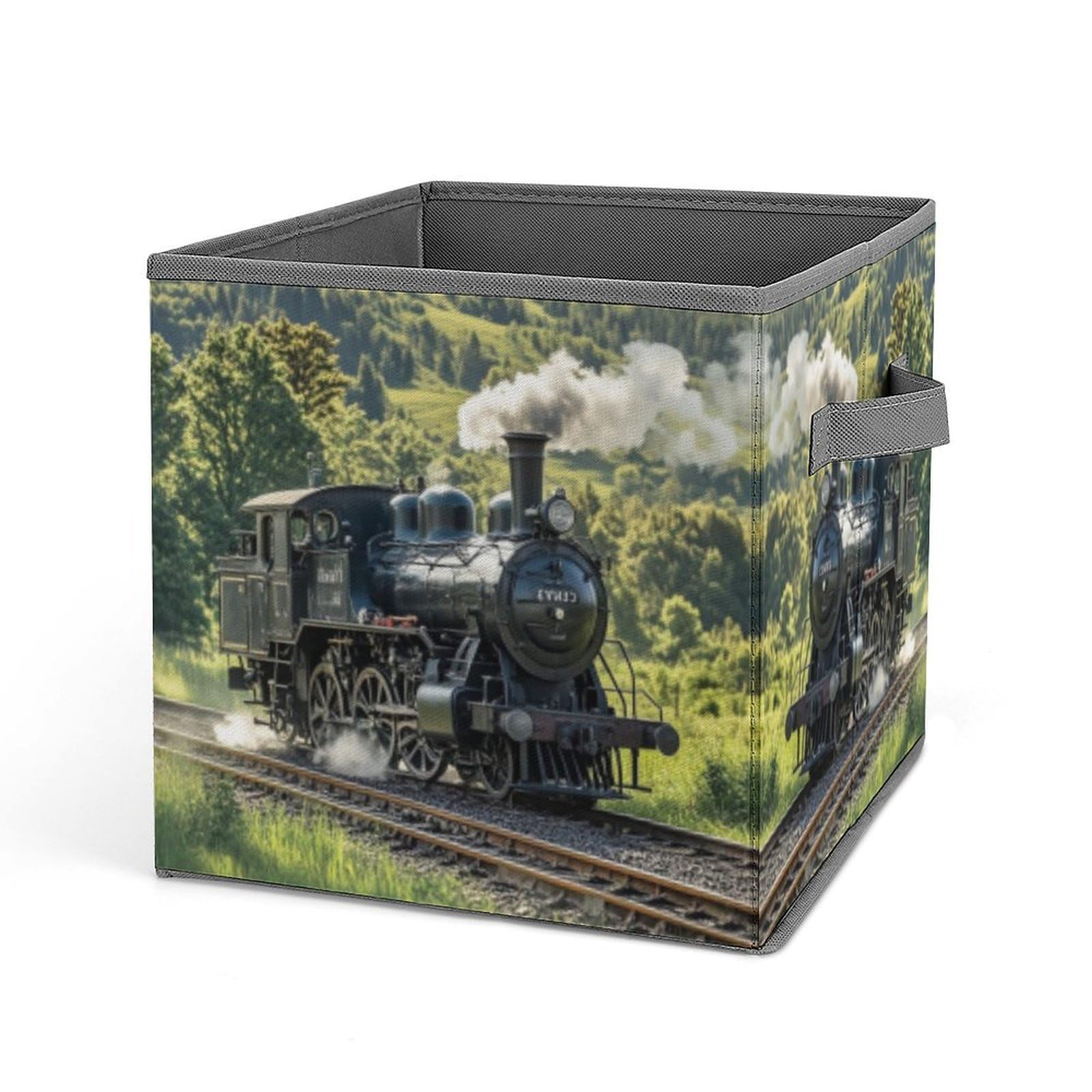 FekiLoot Steam Train Folding Storage Bins with Handles Large Fabric Storage Cube Storage Organizer Heavy Duty Closet Organizer Sturdy Collapsible Bin Foldable Baskets