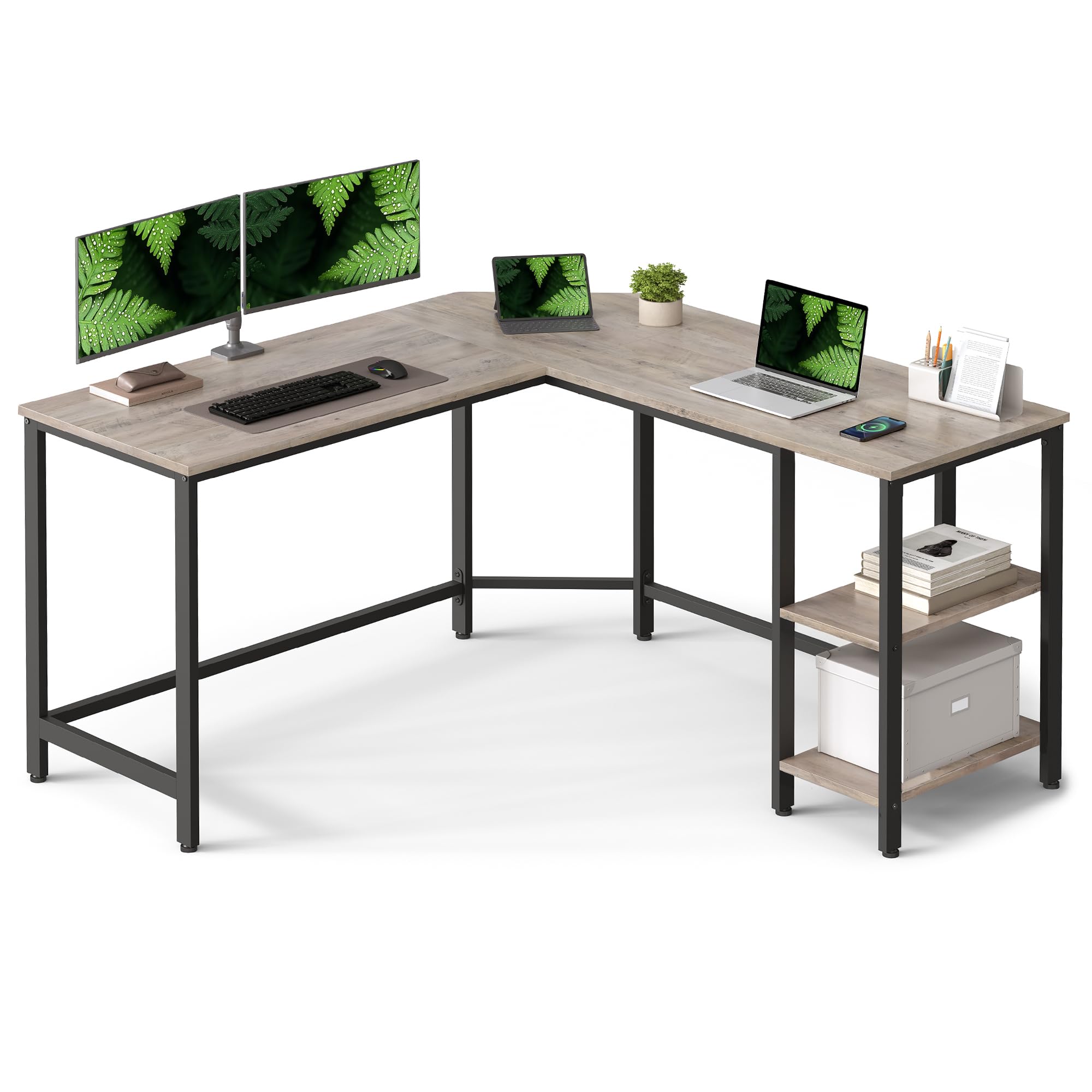 VASAGLE Schreibtisch, L-förmiger Computertisch, 138 x 138 x 76 cm, Eckschreibtisch mit 2 Ablagen, platzsparender Bürotisch, Gaming, Homeoffice, einfacher Aufbau, Greige-schwarz LWD72MB